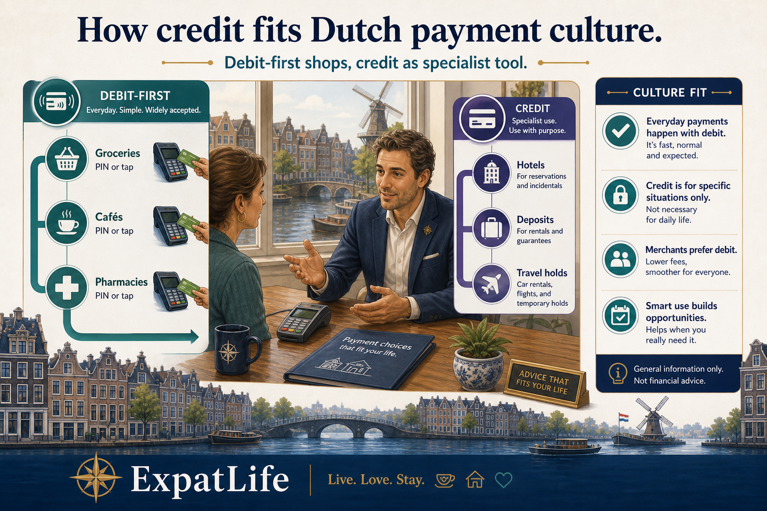 Premium Dutch city desk scene comparing everyday till language — large debit pinpas path for groceries and cafés, smaller credit path for hotels and deposits — right-side Culture fit rail with General information only note, canal window light, ExpatLife brand area.