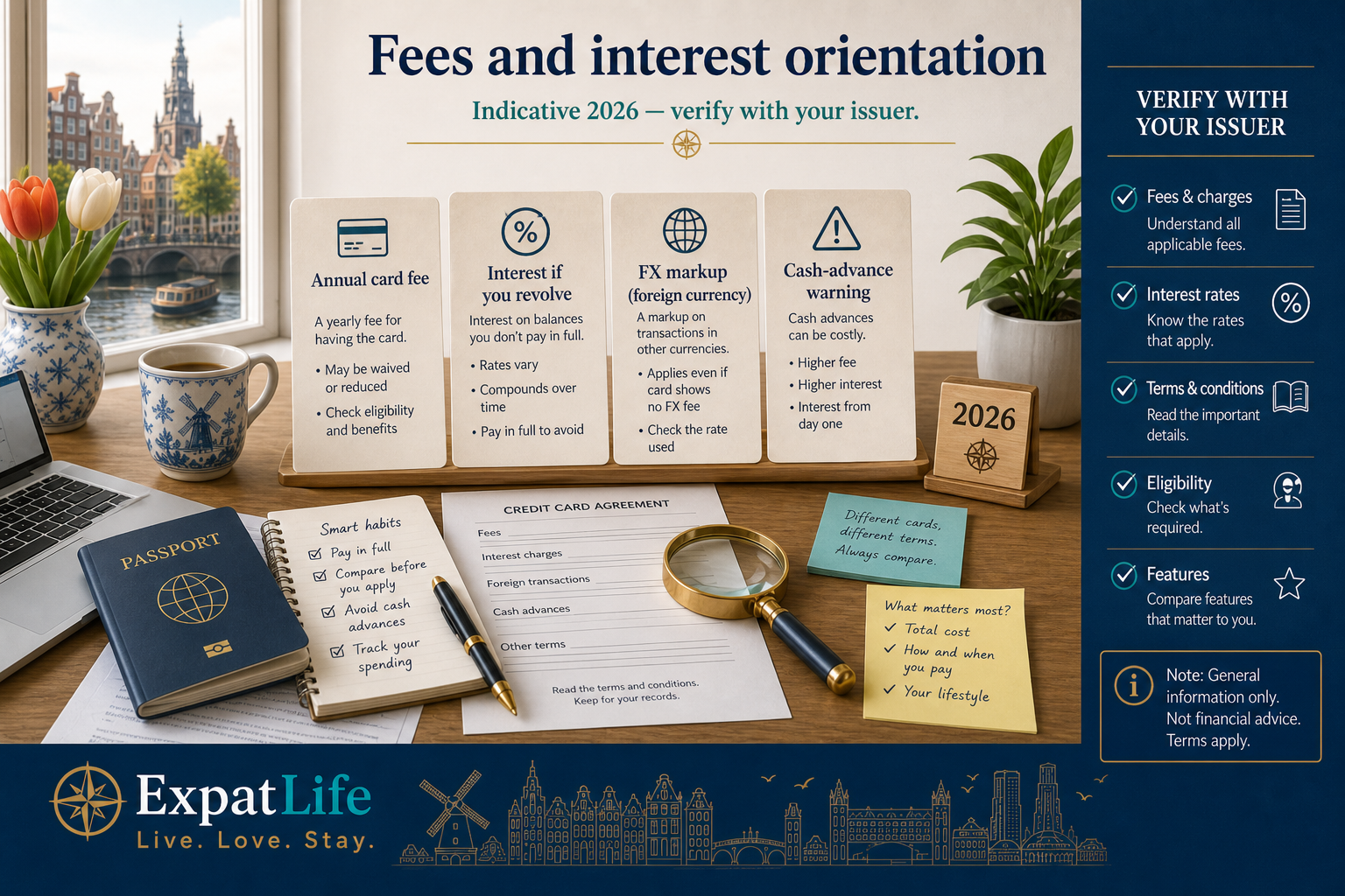Premium fees orientation desk — annual card fee card, interest if you revolve, FX markup note, cash-advance warning — calendar year label 2026 indicative bands with Verify with your issuer rail, ExpatLife brand footer with compass and Live. Love. Stay.