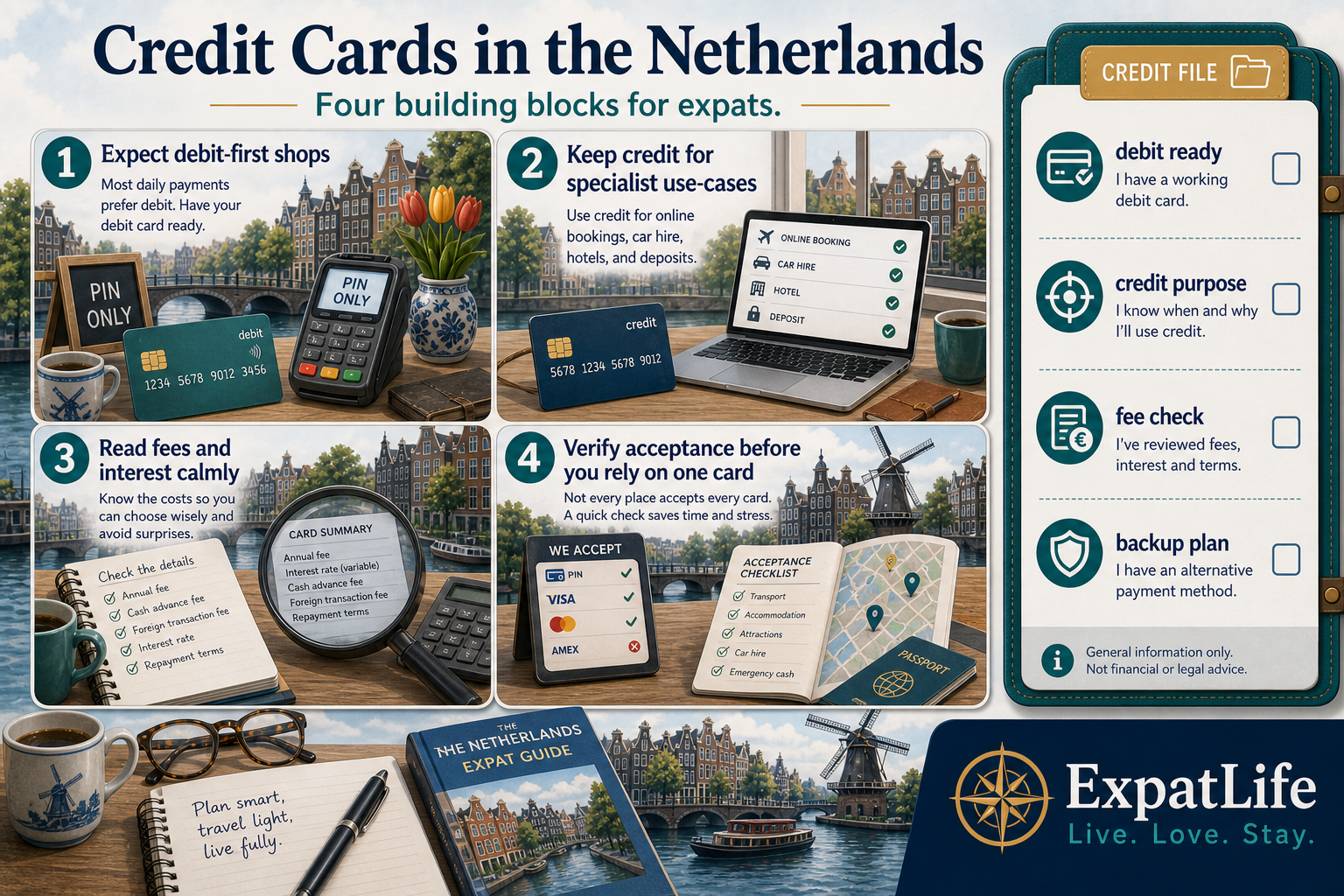 Premium orientation board titled Credit Cards in the Netherlands — four building blocks: expect debit-first shops, keep credit for specialist use-cases, read fees and interest calmly, and verify acceptance before you rely on one card — right-side Credit file rail lists debit ready, credit purpose, fee check and backup plan.