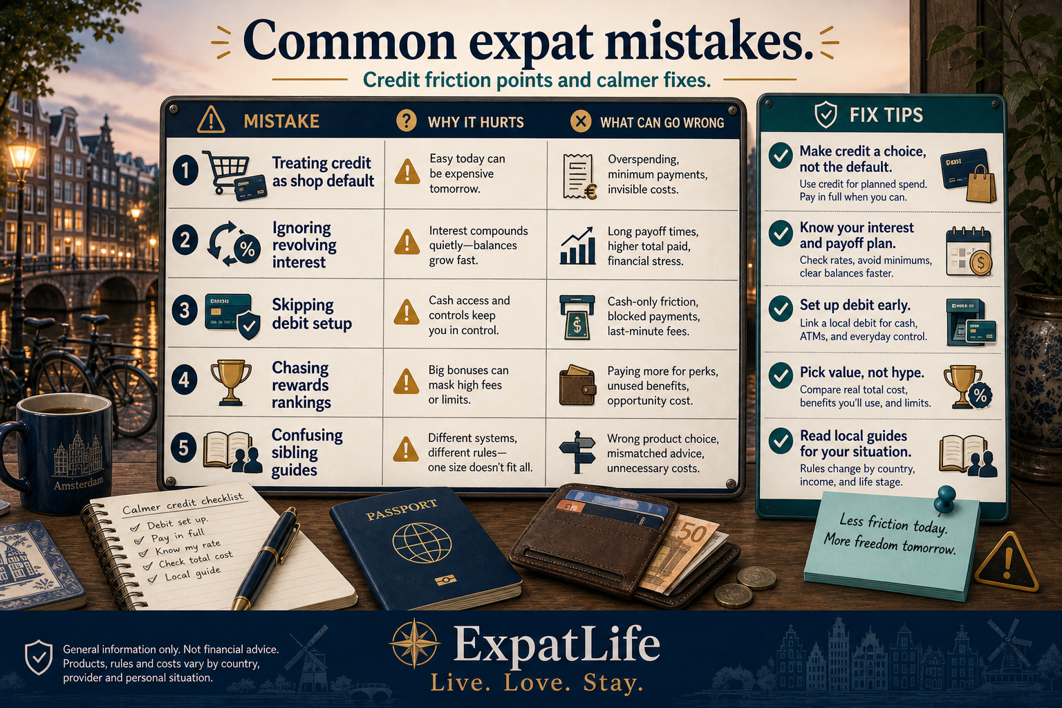 Premium mistakes board for Netherlands credit cards — treating credit as the shop default, ignoring revolving interest, skipping debit setup, chasing rewards rankings, and confusing this page with Cash vs card or Debit cards — Fix tips on a right-side rail.