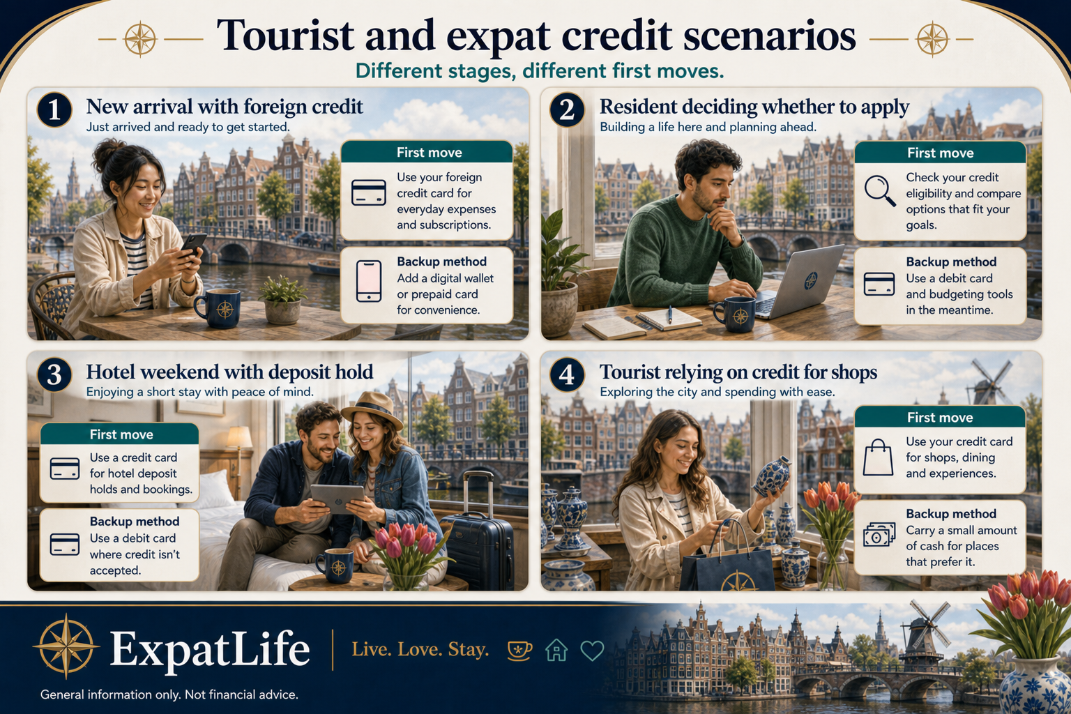 Premium four-scenario board for credit cards — new arrival with foreign credit, resident deciding whether to apply, hotel weekend with deposit hold, and tourist relying on credit for shops — each with a first move and backup method.
