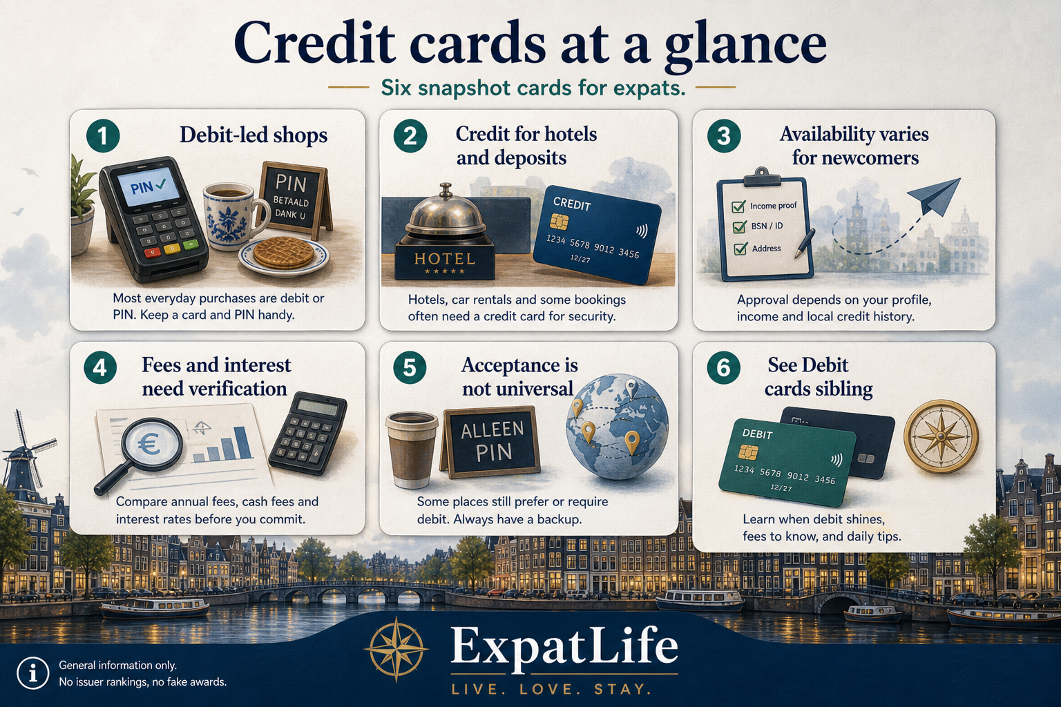 Premium six-card snapshot of Netherlands credit culture — debit-led shops, credit for hotels and deposits, availability varies for newcomers, fees and interest need verification, acceptance is not universal, and a pointer to Debit cards — Dutch canal skyline band and ExpatLife brand footer with compass and Live. Love. Stay.