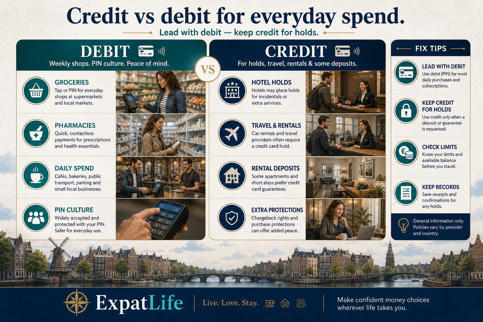 Premium side-by-side comparison board — debit for weekly shops and PIN culture vs credit for holds, travel and some online deposits — Fix tips rail and Dutch canal skyline band.