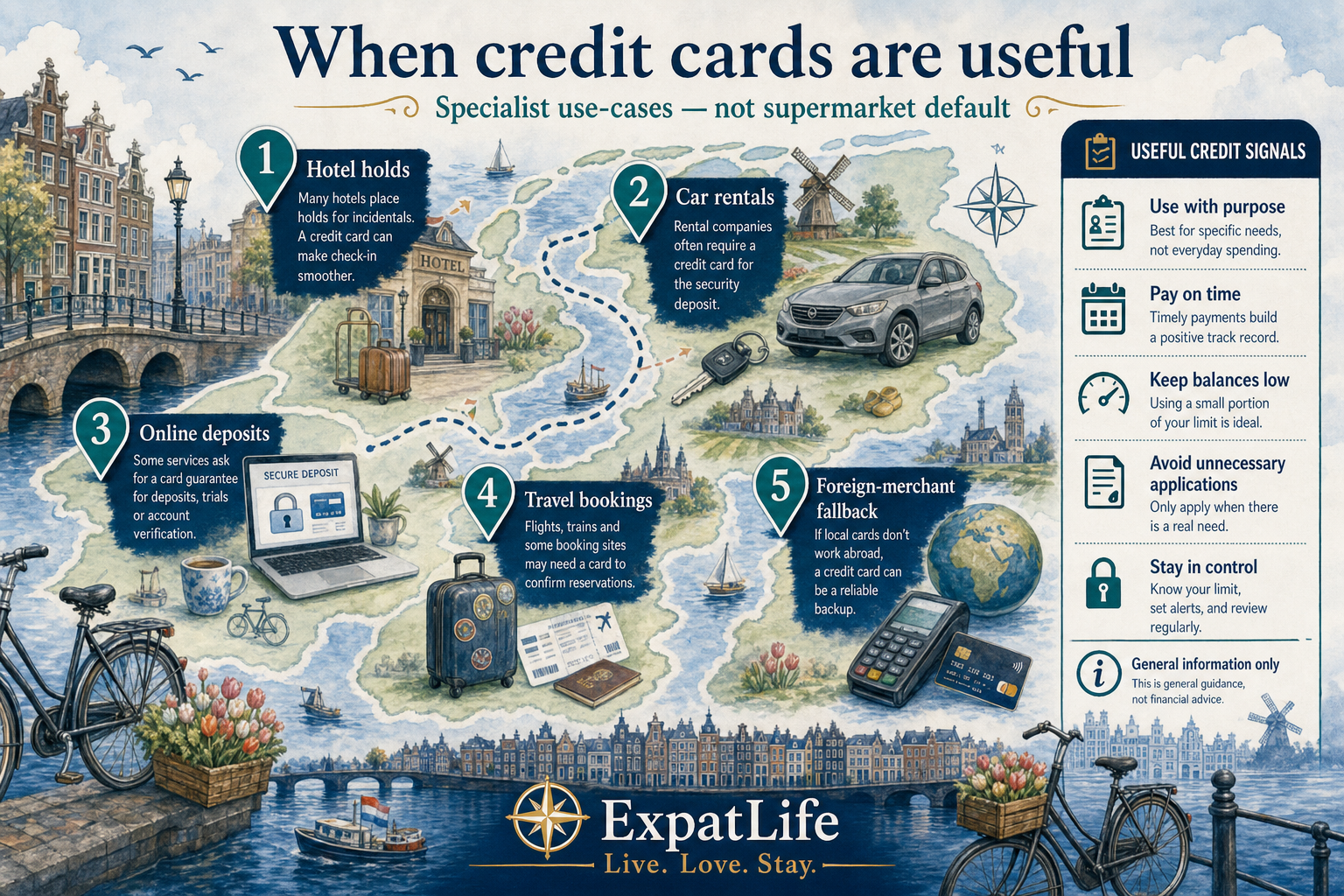 Premium use-case map for credit in the Netherlands — hotel holds, car rentals, some online deposits, travel bookings, and foreign-merchant fallbacks — checklist rail with General information only.
