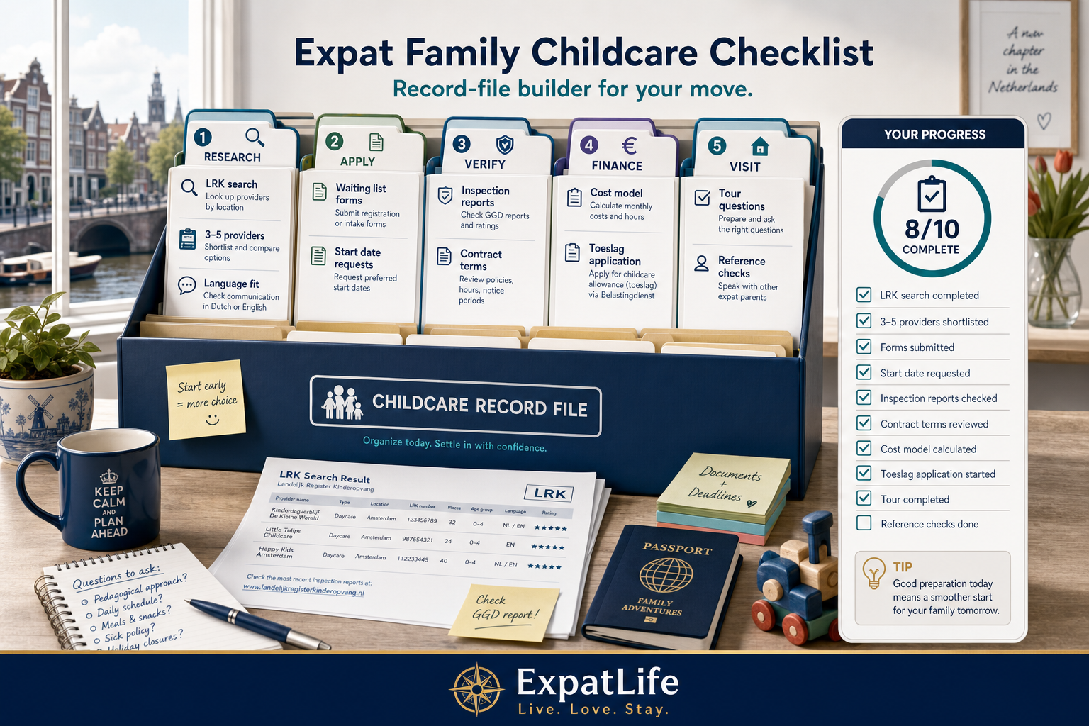 Premium expat family childcare planning checklist with research, waiting lists, inspections, allowance and visit steps.