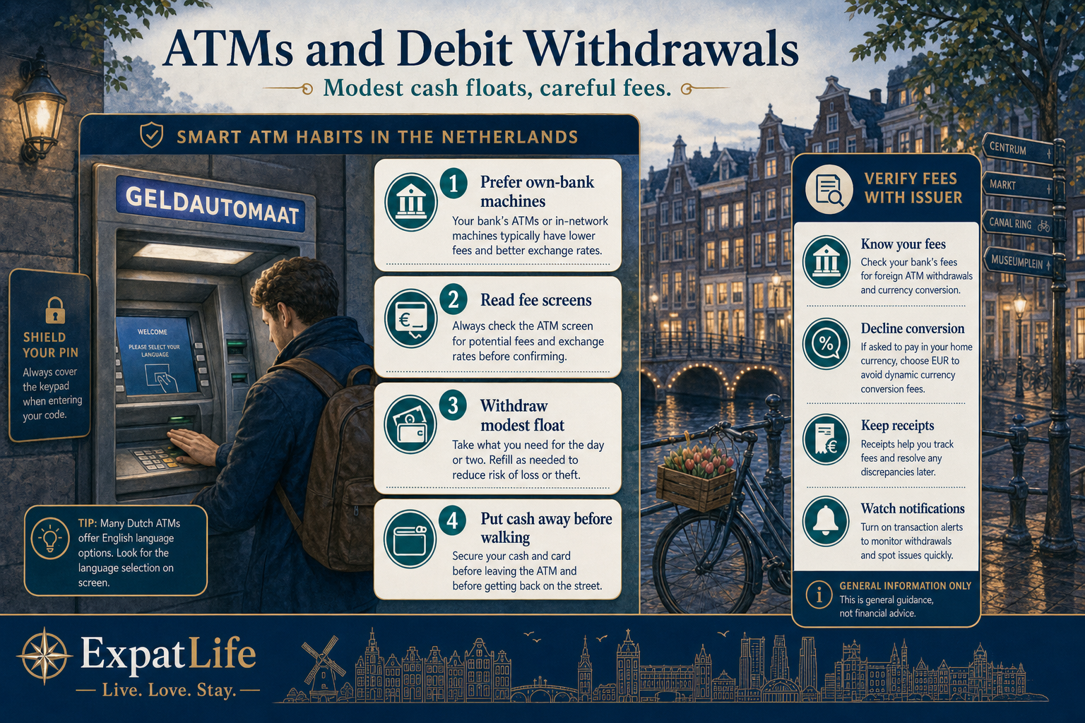 Premium ATM habits board — prefer own-bank machines, watch third-party fee screens, shield the PIN pad, withdraw a modest float — Dutch street evening context and a Verify fees with issuer rail.