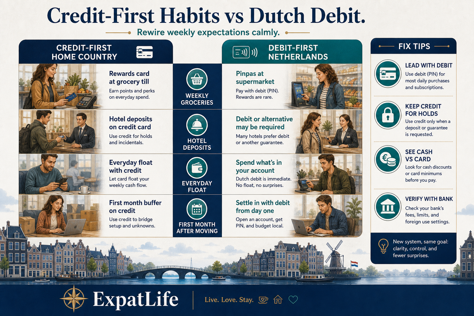 Premium habit-shift comparison board — credit-first home country vs debit-first Netherlands — side-by-side columns for till default, deposits, travel holds, and everyday groceries — Fix tips rail and canal skyline band.