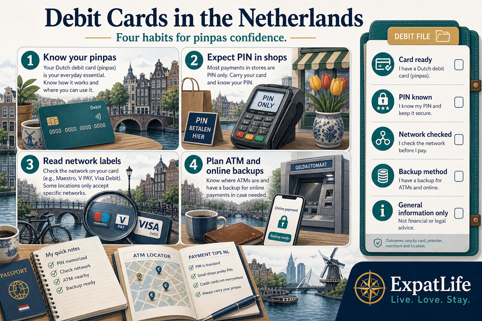 Premium orientation board titled Debit Cards in the Netherlands — four building blocks: know your pinpas, expect PIN in shops, understand Maestro or Debit Mastercard branding, and plan ATM plus online habits — right-side Debit file rail lists card ready, PIN known, network checked and backup method.
