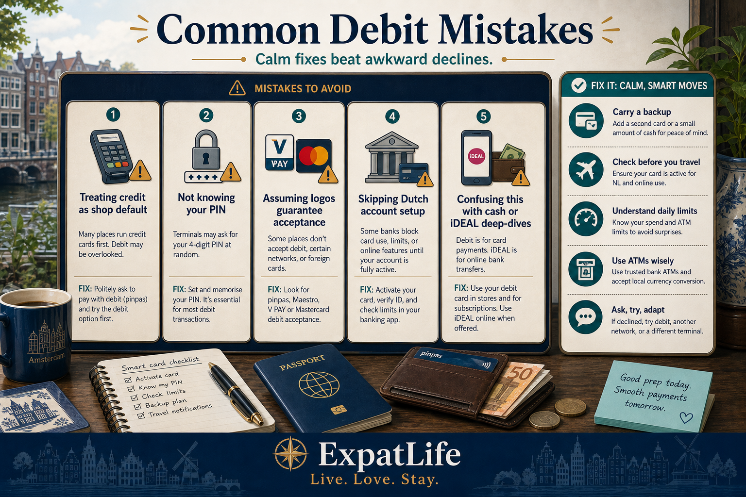 Premium mistakes board for Netherlands debit cards — treating credit as the shop default, ignoring PIN, confusing Maestro history with today’s branding, mixing this page with cash culture or iDEAL deep-dives — Fix tips on a right-side rail.