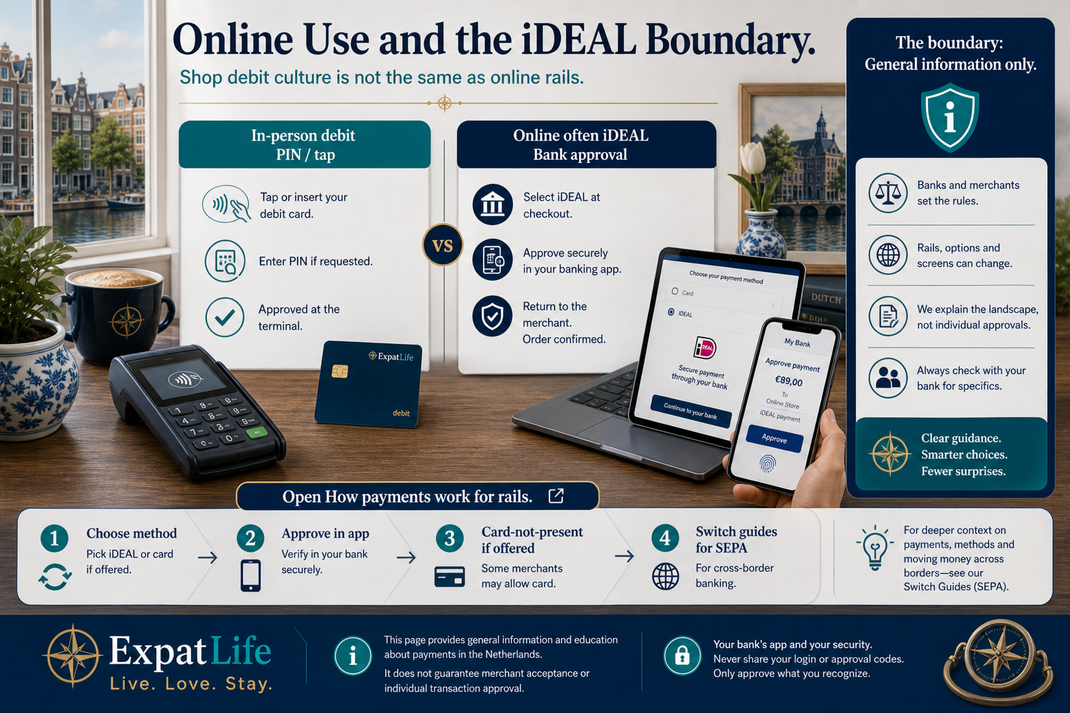 Premium online payments boundary board — Dutch webshops often use iDEAL via bank app; card-not-present debit differs by issuer; pointer cards to How payments work — desk with laptop and bank phone, ExpatLife brand area.