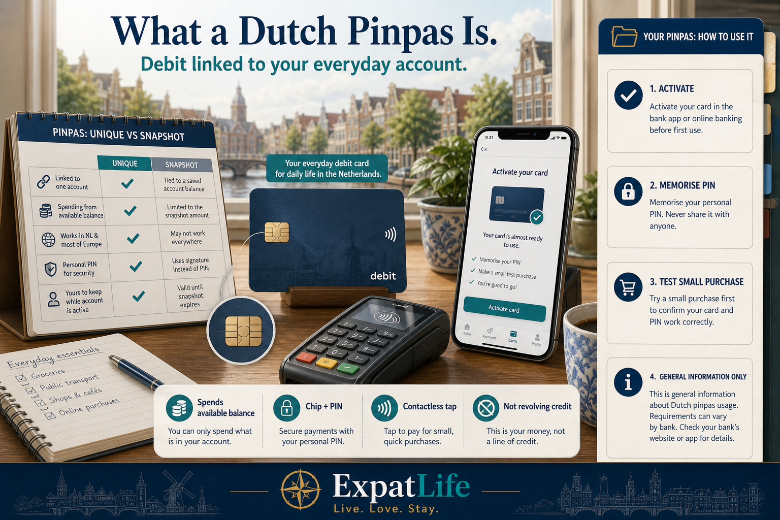 Premium desk scene explaining a Dutch pinpas — plastic debit card linked to a current account, chip, PIN pad, and bank-app activation checklist — right-side Pinpas file rail with General information only note, canal window light, ExpatLife brand area.