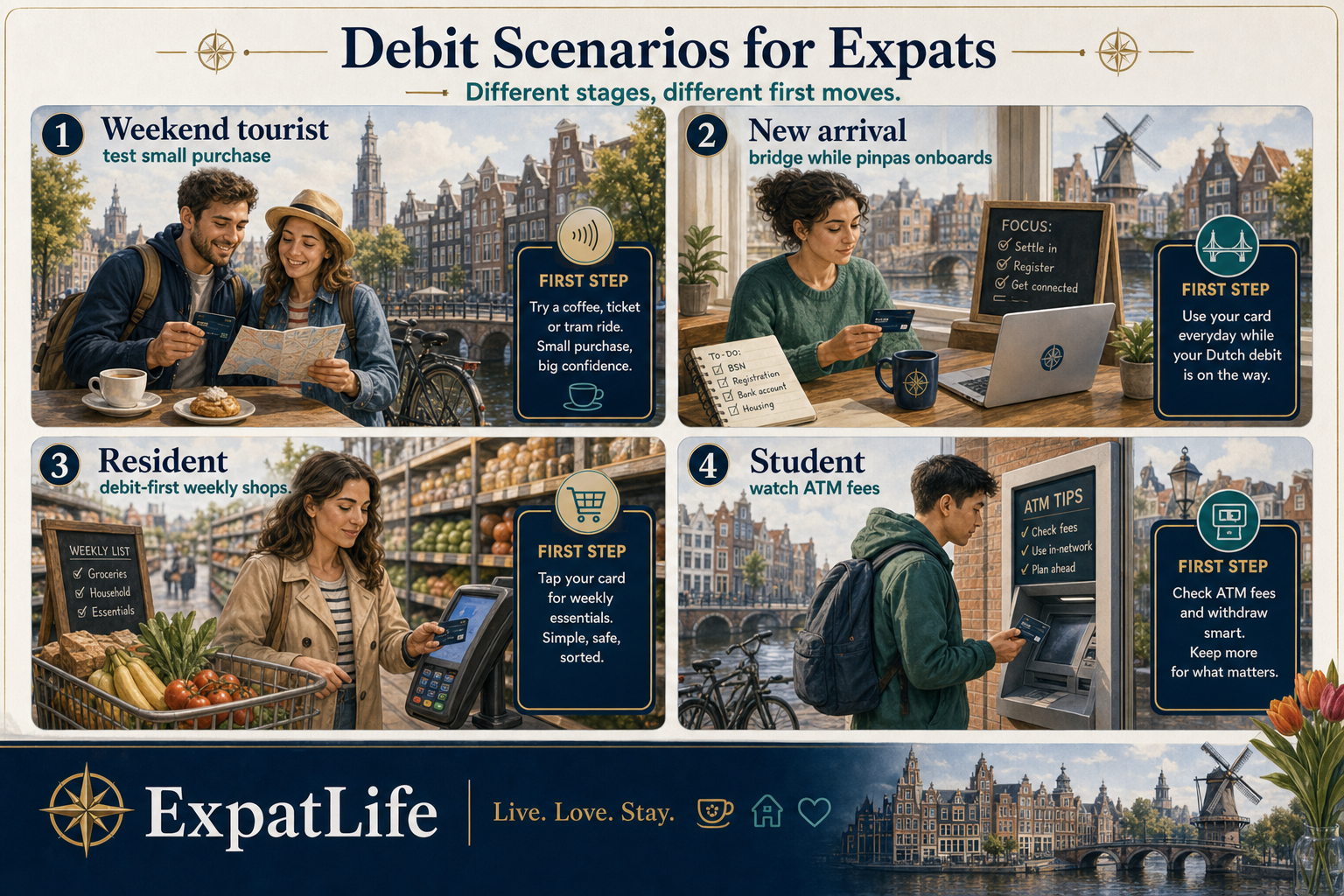 Premium four-scenario board for Dutch debit — new arrival waiting for pinpas, resident weekly shops, tourist with foreign debit, and student budget week — each with a first move and backup method.