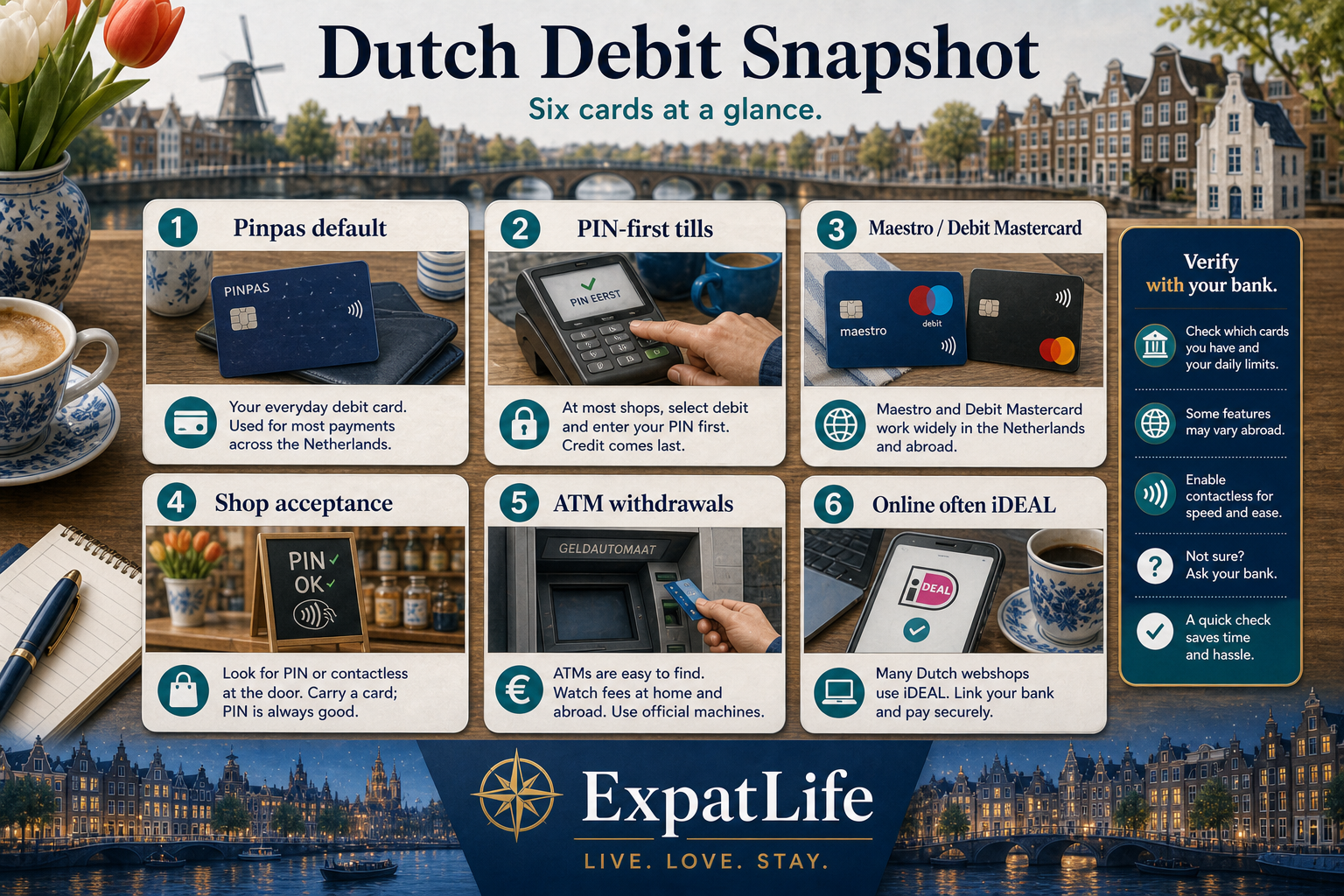 Premium six-card snapshot of Dutch debit culture — pinpas as default, PIN-first tills, Maestro and Debit Mastercard labels, shop acceptance, ATM withdrawals, and online boundary to iDEAL — Dutch canal skyline band and ExpatLife brand footer with compass and Live. Love. Stay.