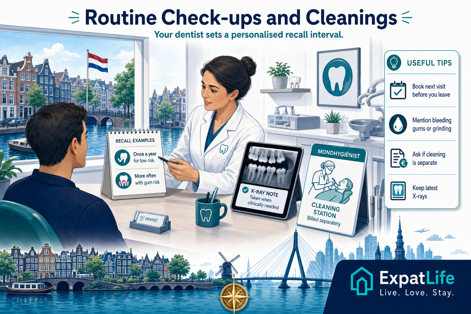 Premium check-up scene — a dentist reviewing a personalised recall-interval card, an intraoral X-ray screen, and a mondhygiënist performing a professional cleaning at a separate but connected station in the same modern practice.