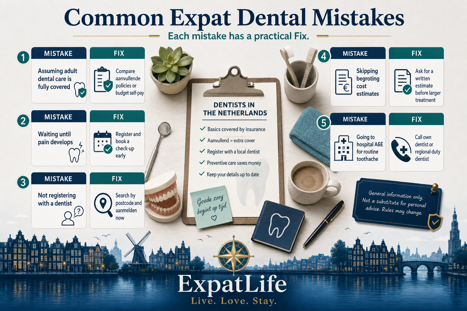 Premium mistake board with Fix advice cards — assuming adult dental care is covered by basic insurance, skipping check-ups until pain starts, not asking for a cost estimate, going to hospital A&E for routine toothache, and registering only after an emergency happens.