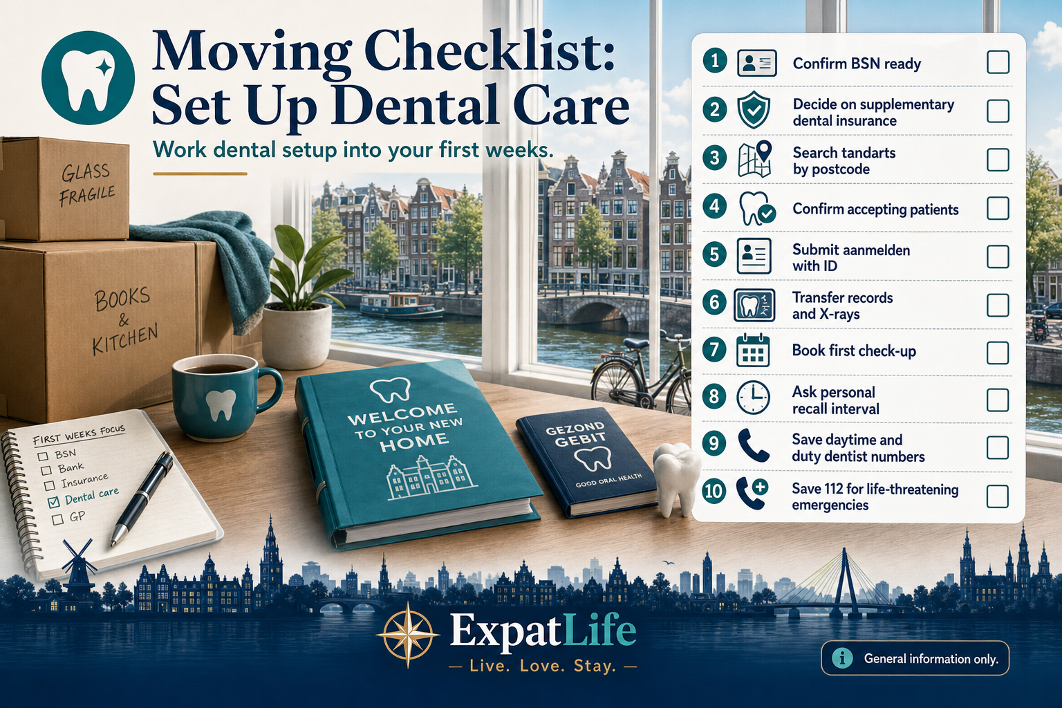 Premium moving-to-the-Netherlands dental checklist board — early research by postcode, registration with BSN and ID, transferring dental records and X-rays, and saving daytime and out-of-hours dental numbers, styled as a ten-step admin checklist.
