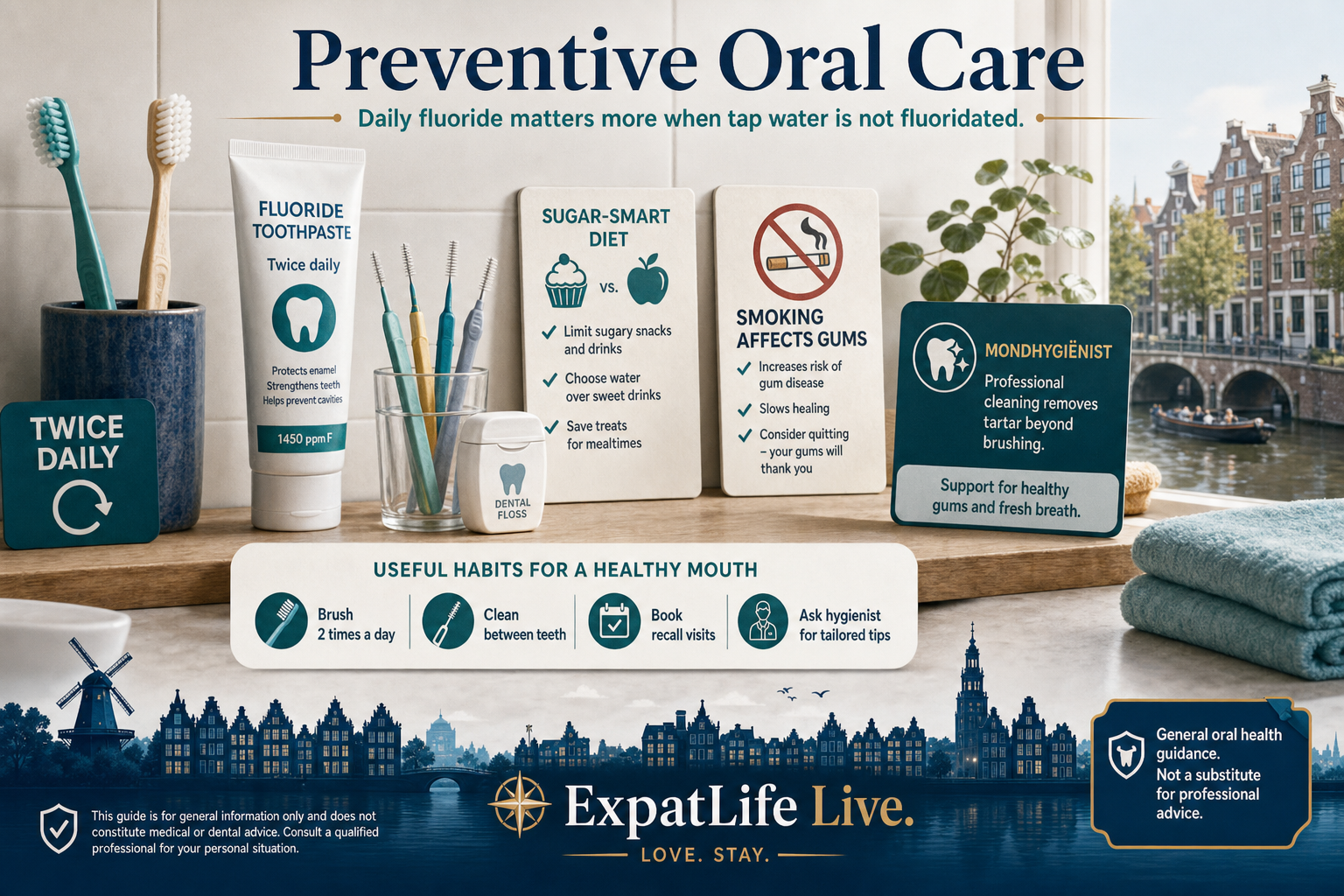 Premium preventive care board — fluoride toothpaste and interdental brushes on a bathroom shelf, a note that Dutch tap water is not fluoridated, and a mondhygiënist card explaining professional cleaning and tailored home-care advice.