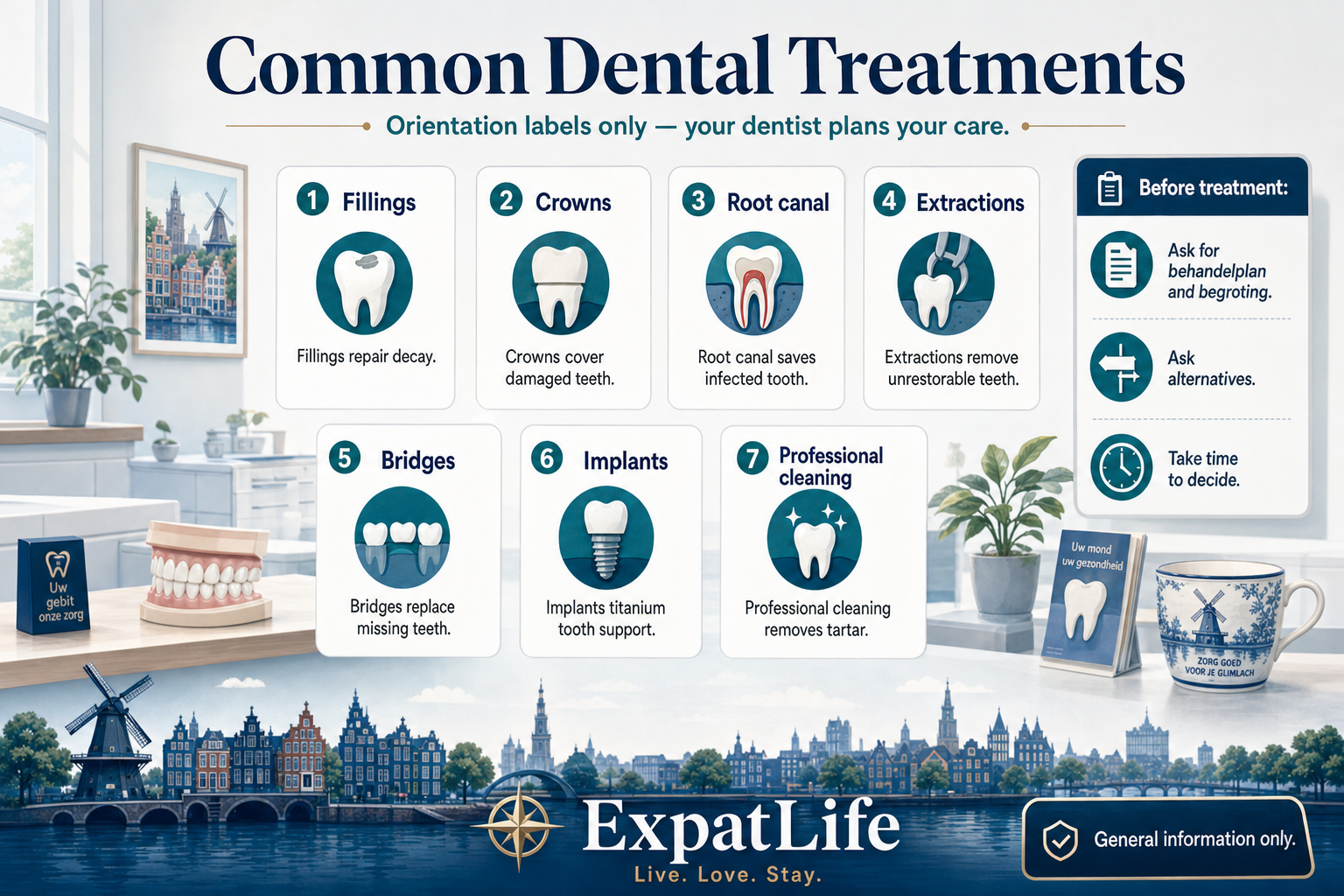 Premium treatment orientation board with seven labelled icons — fillings, crowns, root canal, extractions, bridges, implants and professional cleaning — each paired with a short one-line description, framed as general orientation rather than a personal treatment plan.