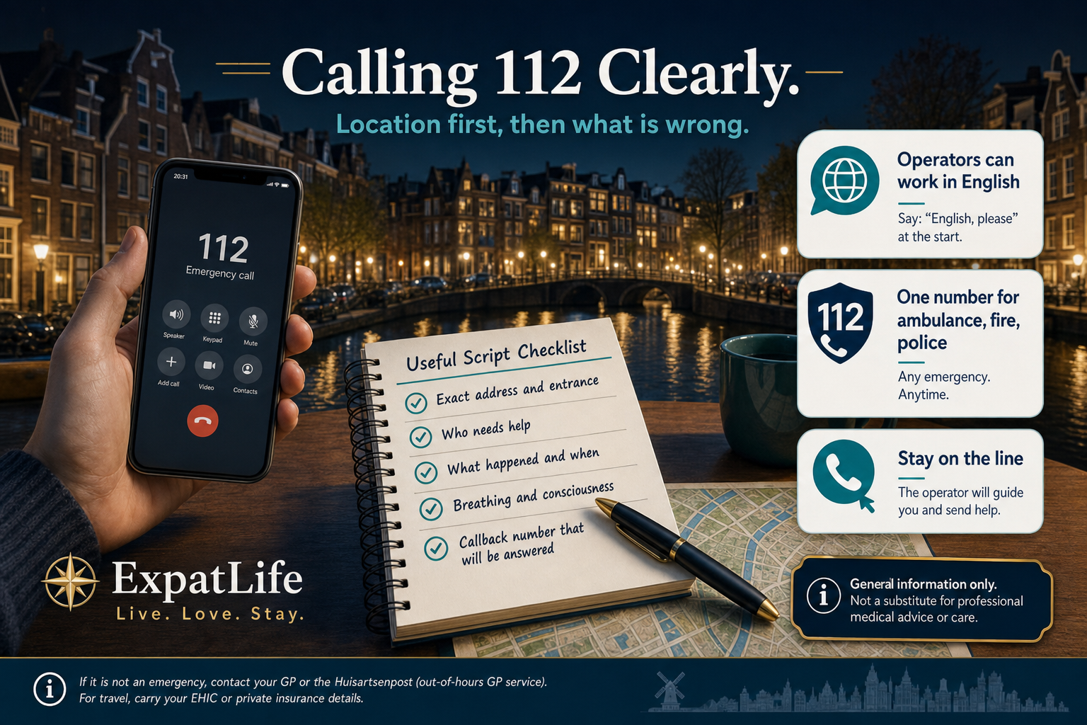 Premium 112 call board — location first, what is wrong, who needs help, language note that operators can work in English, and a reminder that 112 reaches ambulance, fire and police.