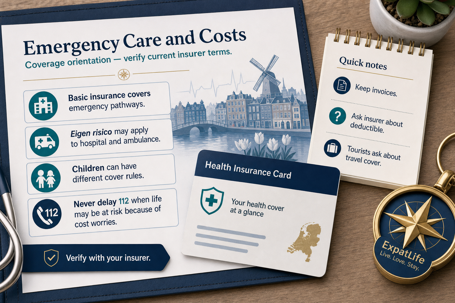 Premium cost orientation board about basic insurance, eigen risico for many hospital and ambulance pathways, children's coverage differences, and a reminder to verify current terms with your insurer — no hardcoded fee amounts.