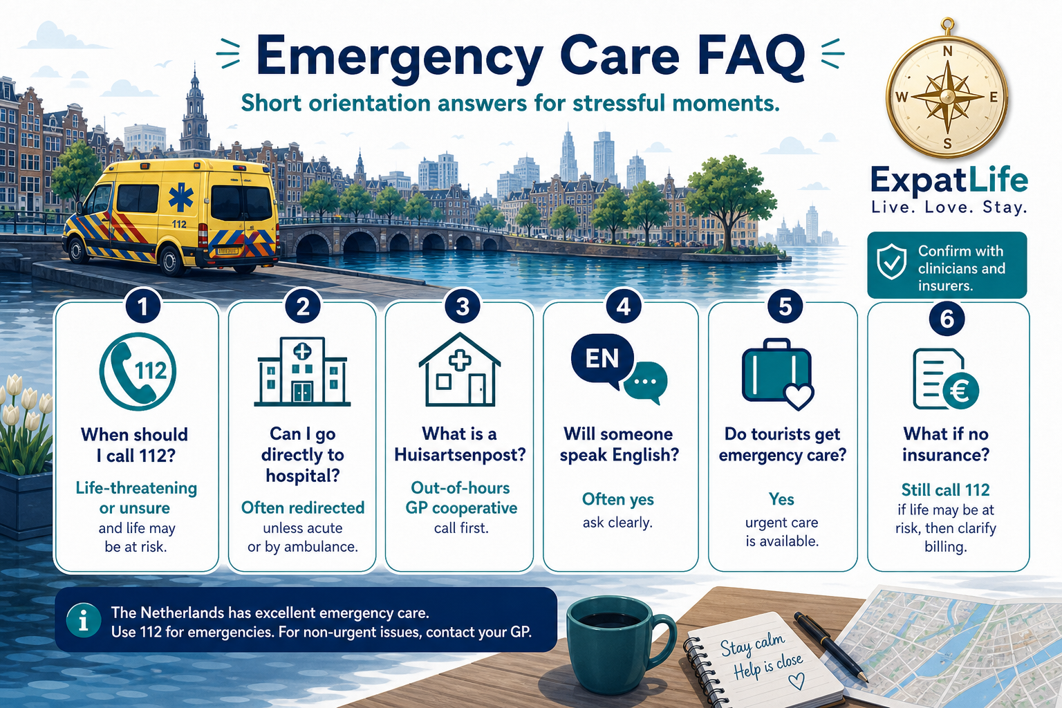 Premium FAQ board with readable question and answer pairs on 112, Huisartsenpost, SEH access, ambulance orientation, English language support and tourist emergency care.