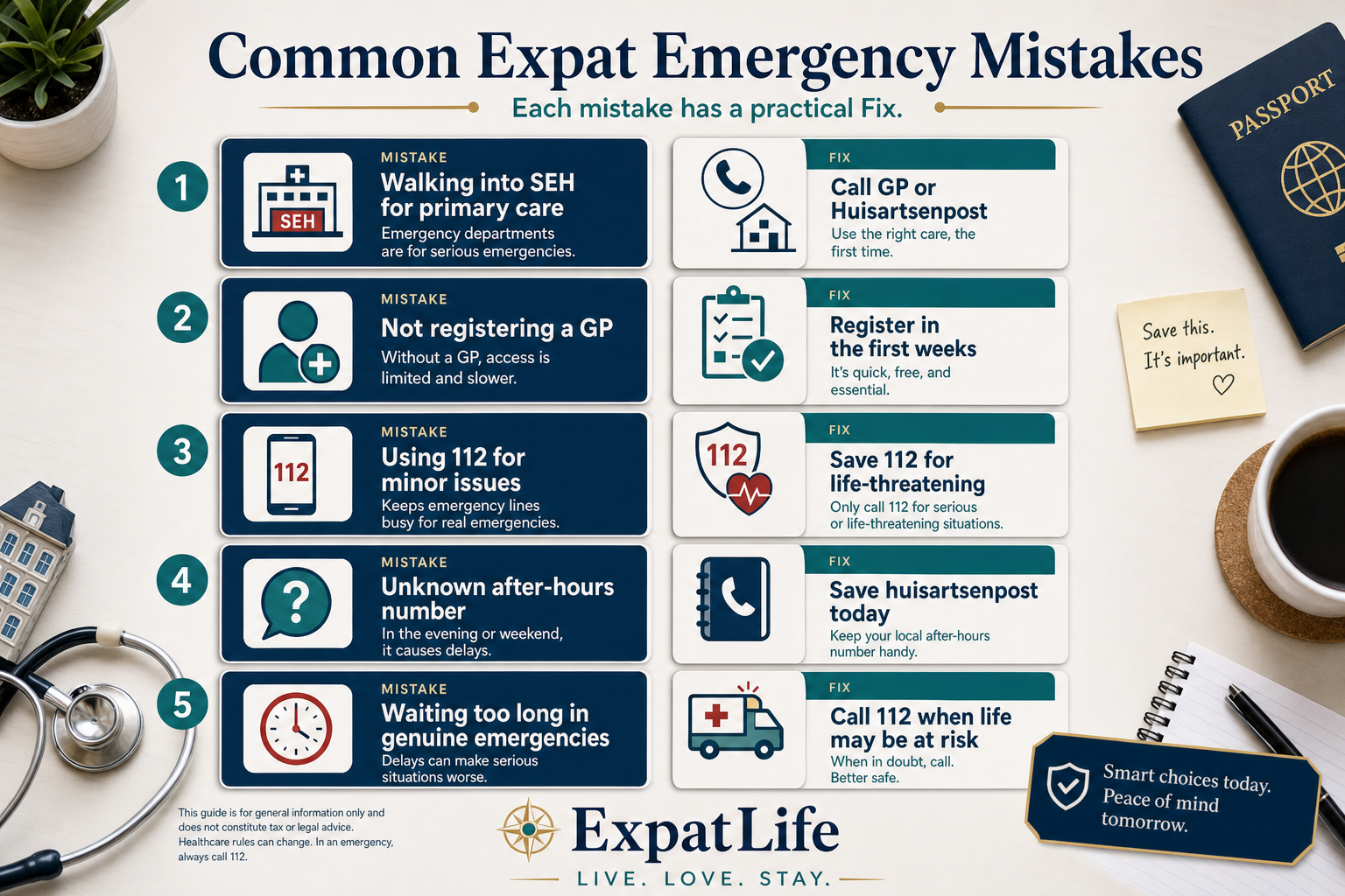 Premium mistake board with Fix advice cards — walking into SEH for primary care, skipping GP registration, misusing 112, not knowing after-hours routes, and waiting too long in a genuine emergency.