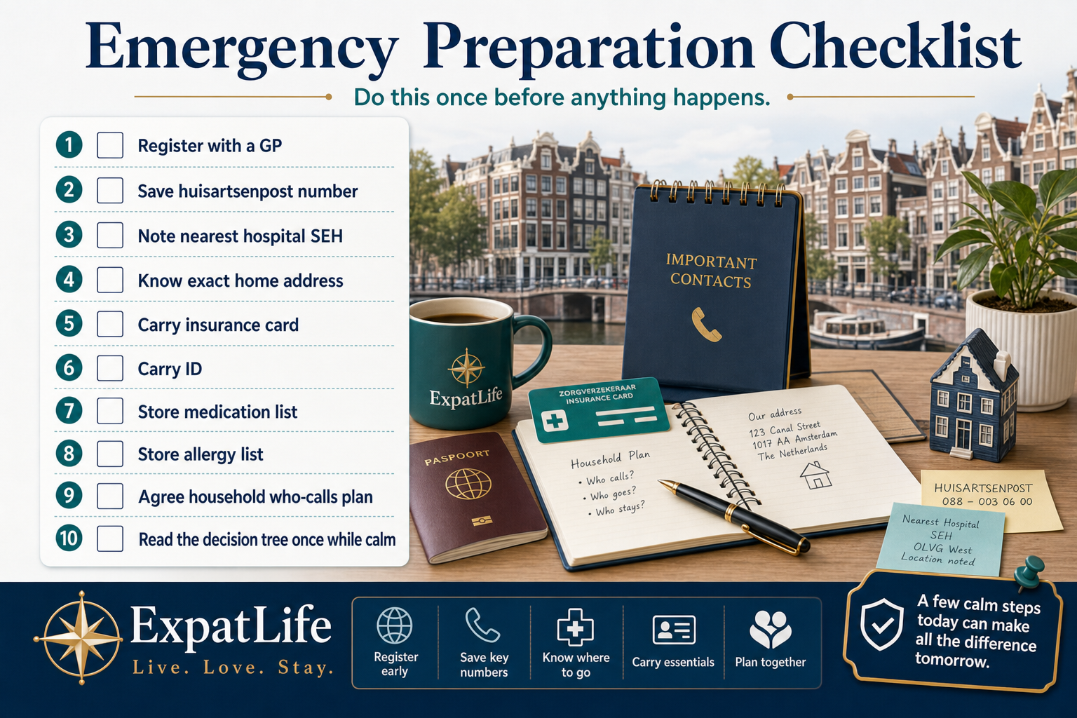 Premium emergency preparation checklist board — GP registered, huisartsenpost number saved, nearest hospital noted, address ready, insurance card and ID carried, household emergency contacts listed.