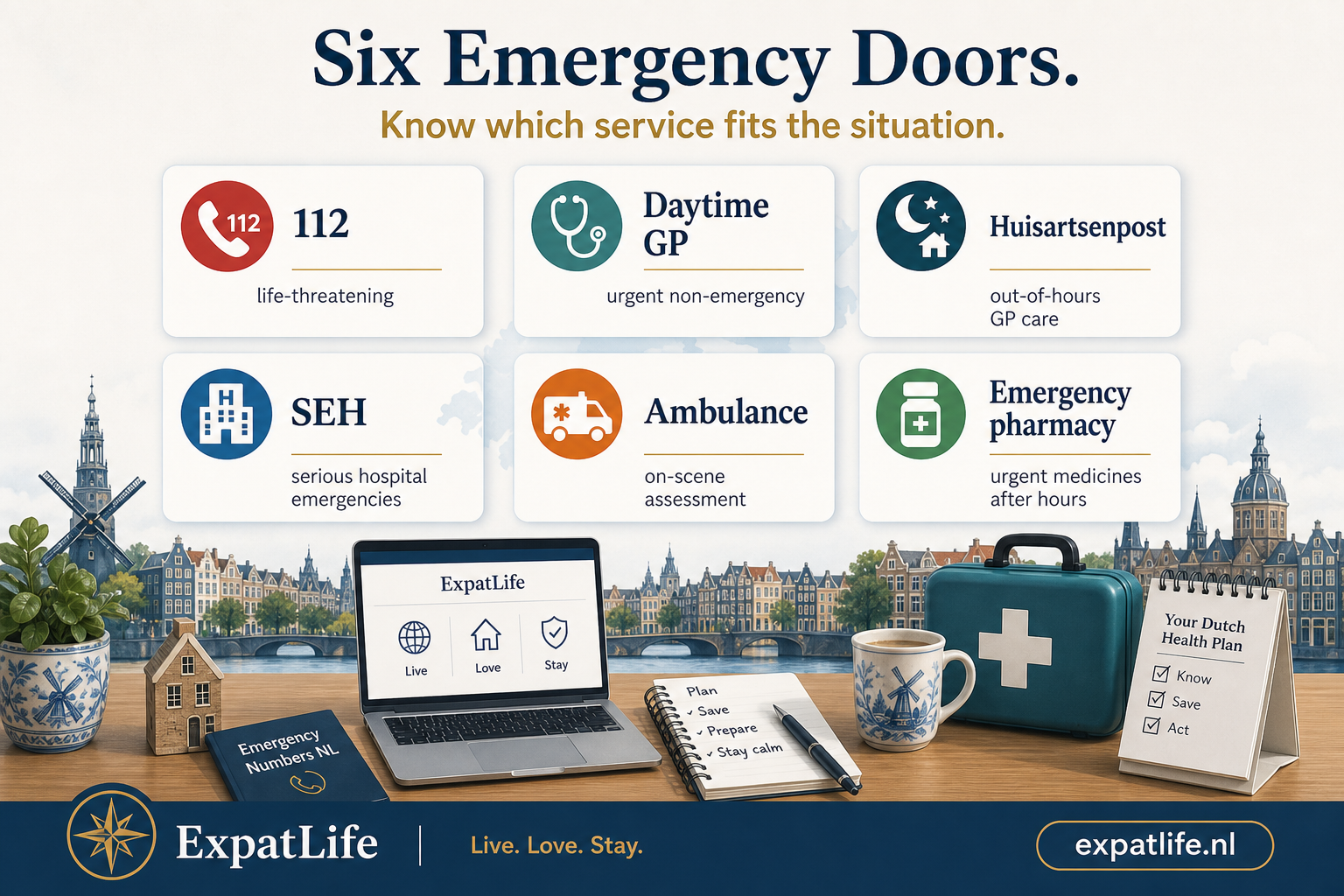 Premium six-card snapshot of Dutch emergency care — 112, daytime GP, Huisartsenpost, SEH emergency department, ambulance and emergency pharmacy — each with a one-line role description.