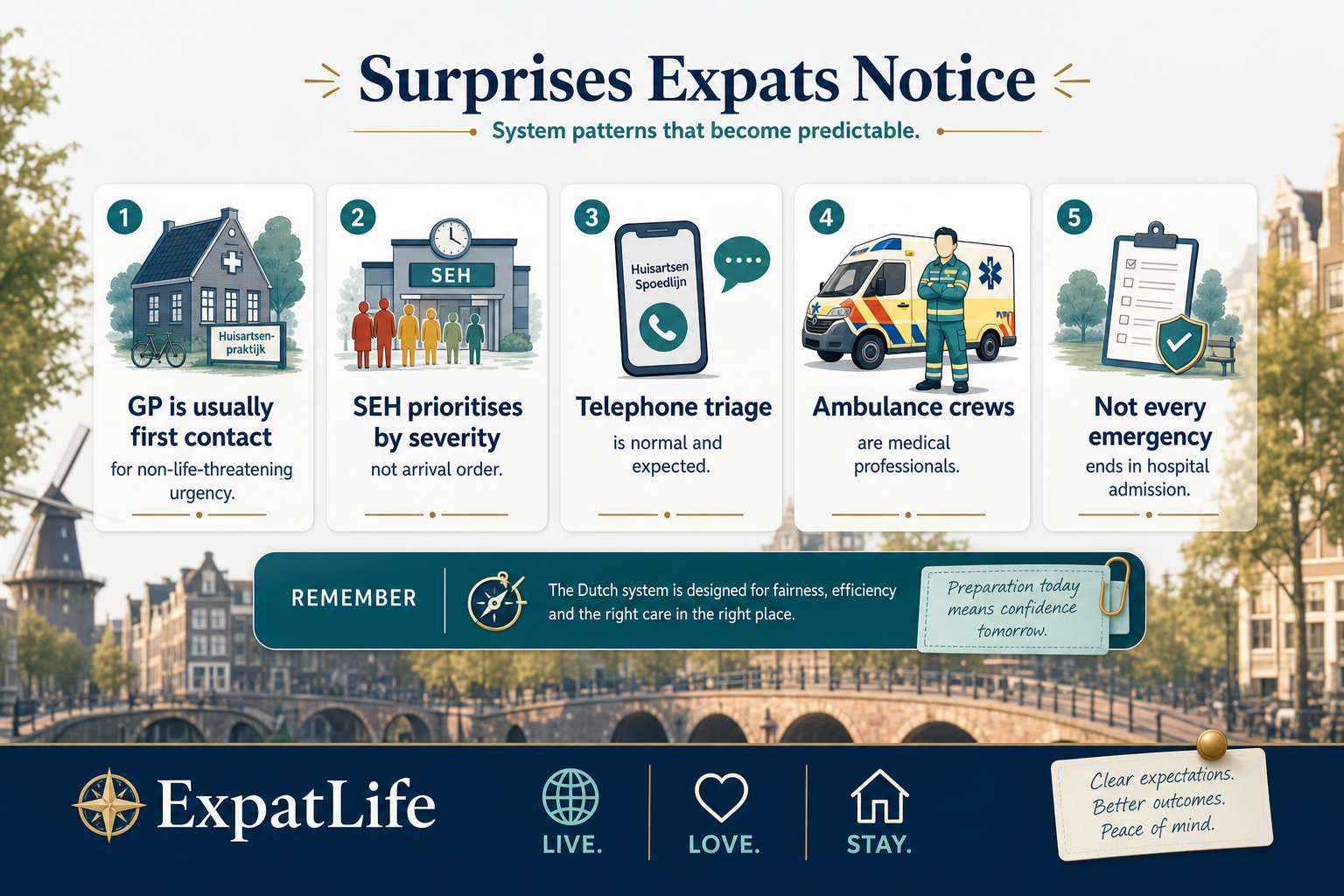 Premium surprise cards for expats — GP as first contact, severity triage at SEH, call-first telephone triage, ambulance professionals on scene, and not every emergency meaning hospital admission.