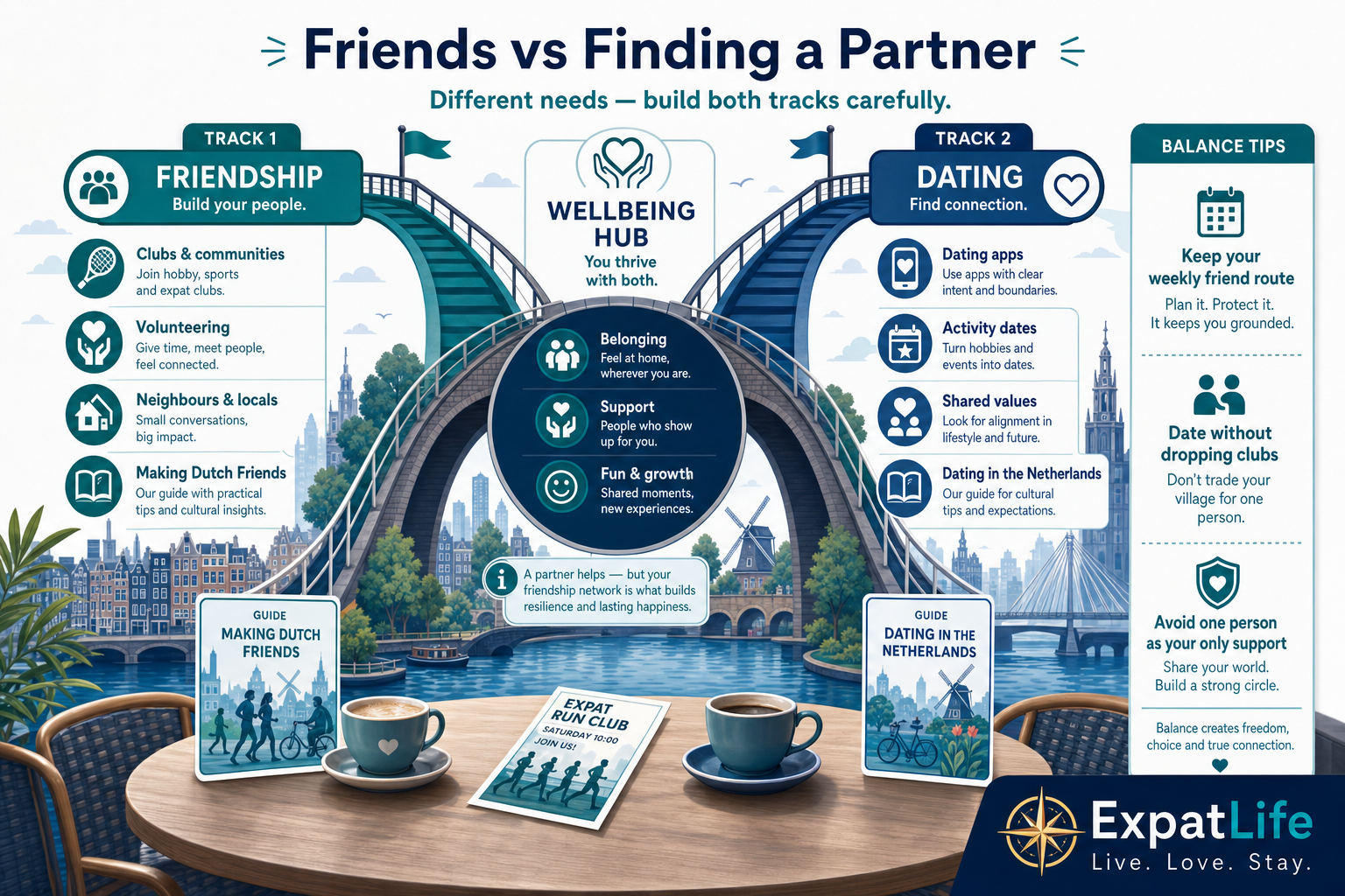Premium two-track diagram — friendship routes on one side, dating routes on the other, with a balanced wellbeing centre and links to Dating and Making Dutch Friends guides.