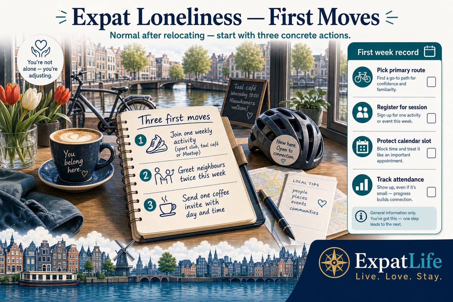 Premium orientation board — loneliness normalised with three first moves: pick one weekly activity, greet neighbours, schedule one coffee invite, canal café scene in the background.
