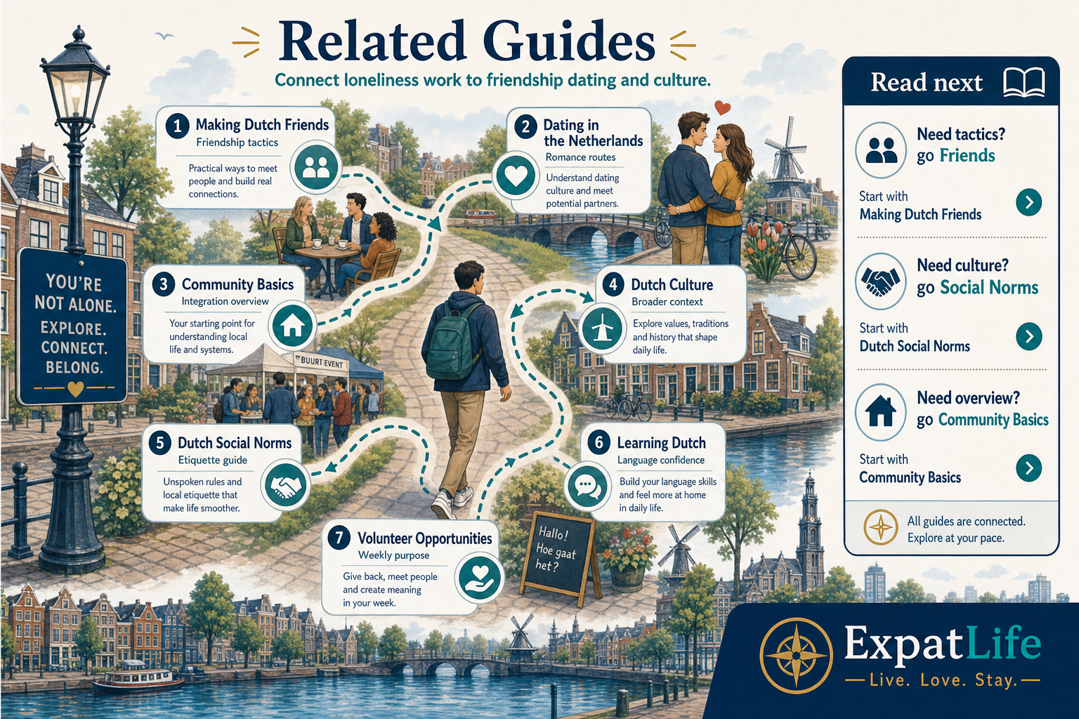 Premium related guide route map — Making Dutch Friends, Dating, Community Basics, Dutch Culture, Social Norms, Learning Dutch and Volunteering.