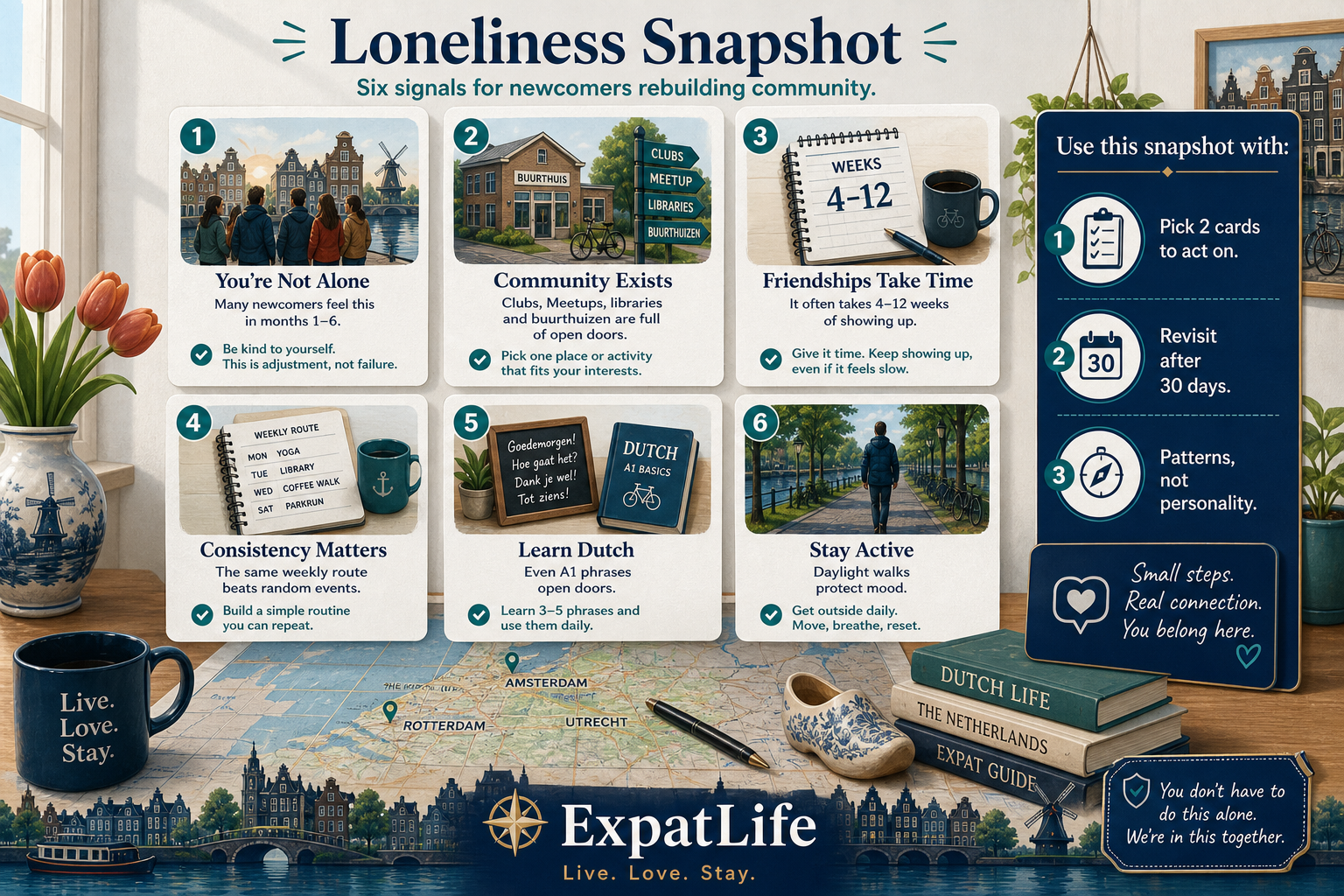 Premium six-card snapshot — You're Not Alone, Community Exists, Friendships Take Time, Consistency Matters, Learn Dutch and Stay Active with practical notes for newcomers.
