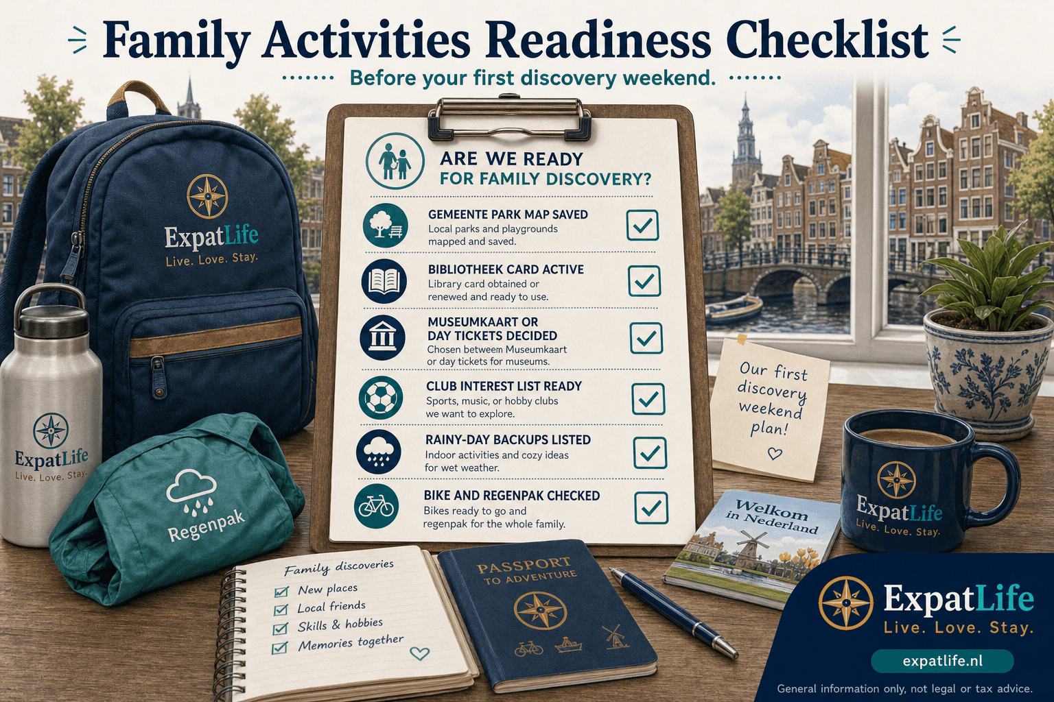 Premium family activities readiness checklist — gemeente park map saved, bibliotheek card active, Museumkaart or day tickets decided, club interest list ready, rainy-day backups listed, bike and regenpak checked — ExpatLife brand footer with compass and Live. Love. Stay.