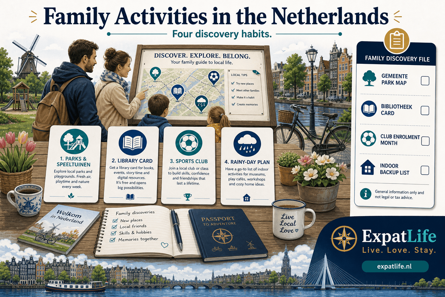 Premium orientation board titled Family Activities in the Netherlands — four building blocks: find local parks and speeltuinen, join a library and museum rhythm, enrol in sport or scouting, and keep a rainy-day plan — right-side Family discovery rail lists gemeente park map, bibliotheek card, club enrolment month and indoor backup list — Dutch canal park backdrop, ExpatLife brand footer with compass and Live. Love. Stay.