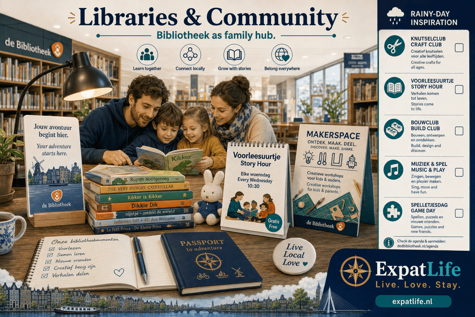 Premium bibliotheek scene — family library card, multilingual children’s section, story hour calendar, makerspace flyer, and a Rainy-day rail with indoor craft clubs — warm Dutch library interior, ExpatLife brand footer with compass and Live. Love. Stay.