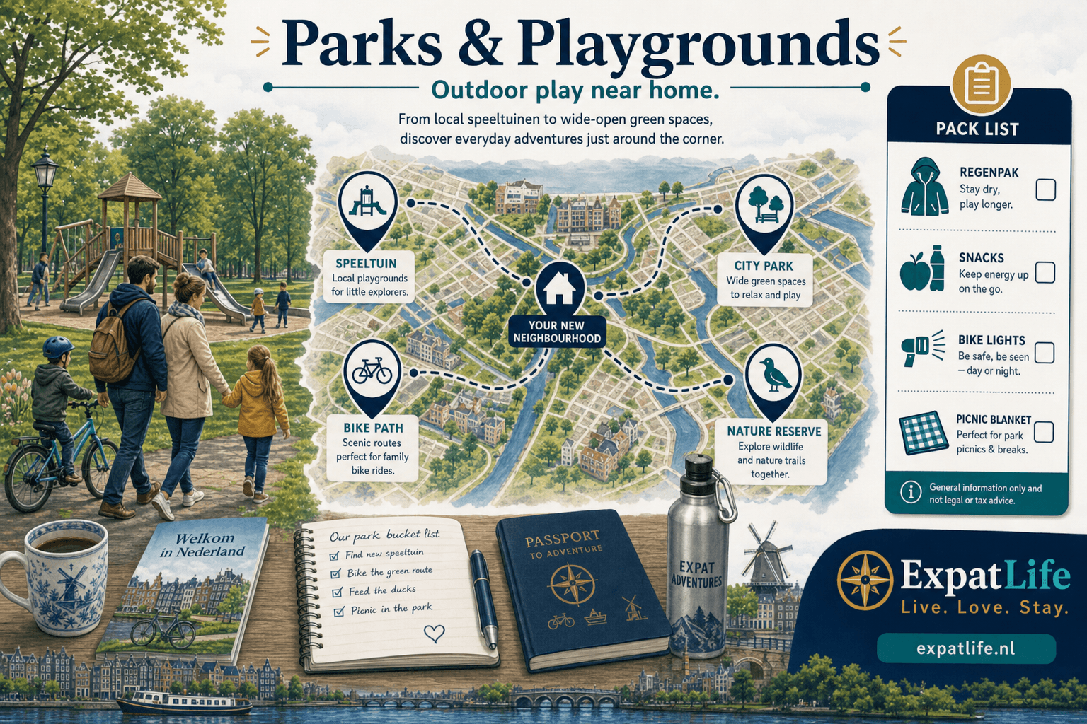 Premium Dutch park map board — speeltuin playgrounds, cycling paths, nature reserves, free outdoor play norms, and a Pack list rail with regenpak, snacks and bike lights — lush canal park illustration, ExpatLife brand footer with compass and Live. Love. Stay.