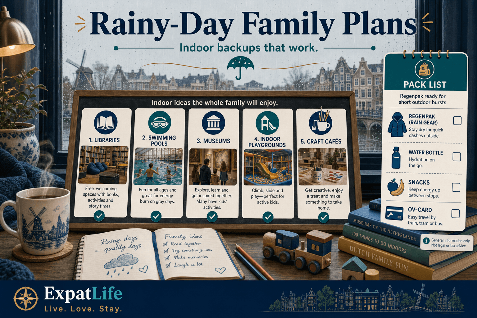 Premium rainy-day checklist board — indoor playgrounds, swimming pools, libraries, museums, craft cafés — Pack list with regenpak still ready for short outdoor bursts — cozy Dutch rainy window scene, ExpatLife brand footer with compass and Live. Love. Stay.