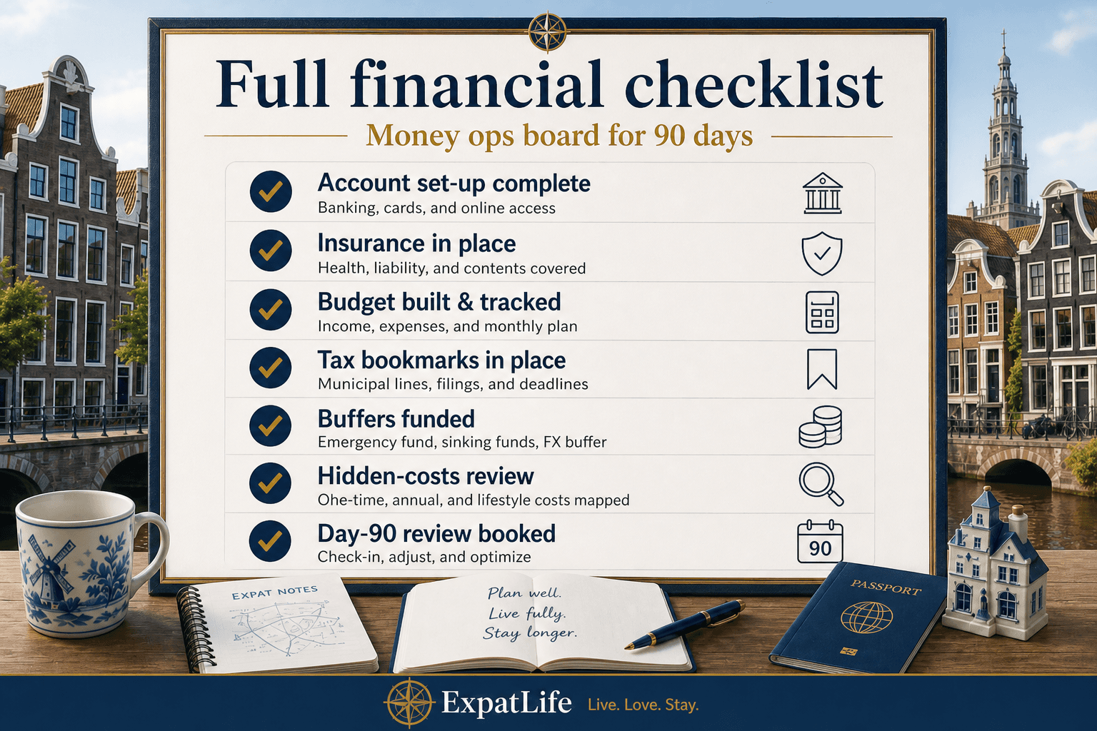 Premium full financial checklist board — account, insurance, budget, tax bookmarks, buffers, hidden-costs review, monthly budget peer — ExpatLife brand footer with compass and Live. Love. Stay.