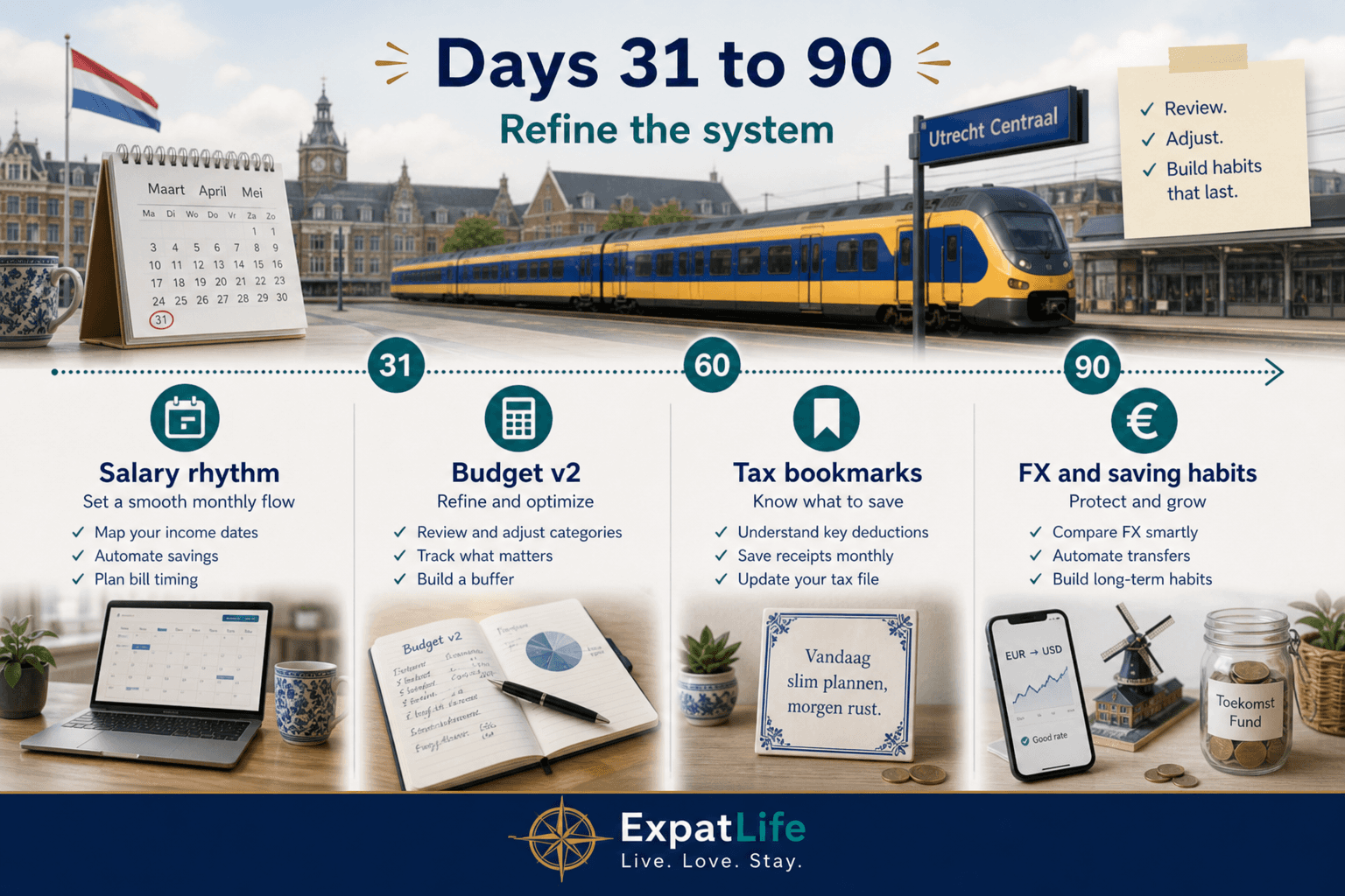 Premium 90-day timeline board — stabilise salary rhythm, refine budget, tax bookmarks, review FX and savings habits — Dutch calendar props and ExpatLife brand area.
