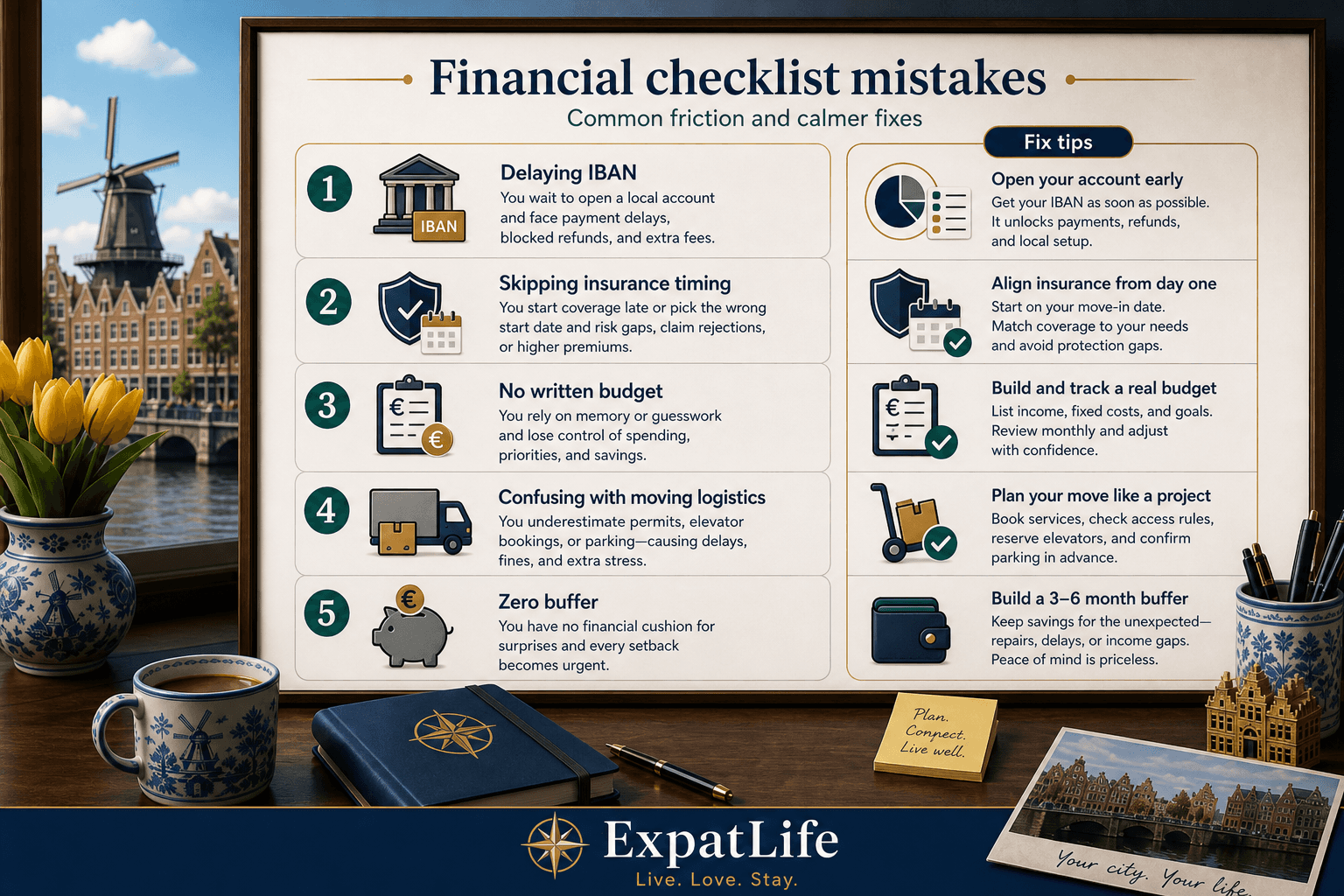 Premium mistakes board for Netherlands financial checklist — delaying IBAN, skipping insurance deadlines, no written budget, confusing with moving logistics, zero buffer — Fix tips rail.