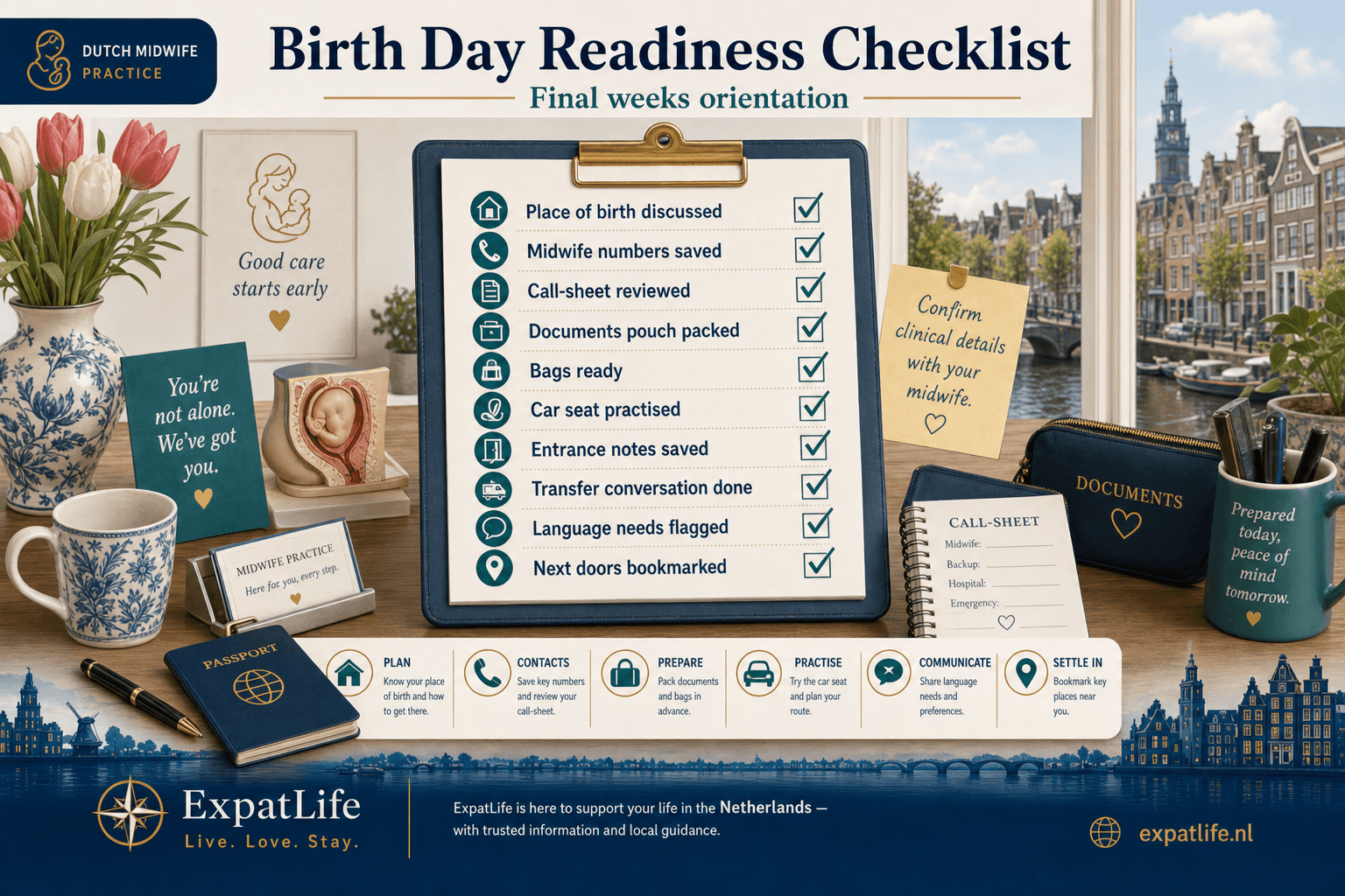 Premium birth-day checklist clipboard — midwife number saved, place of birth discussed, bag packed, partner roles clear, transfer notes ready, first-hours contacts listed — Dutch desk scene.