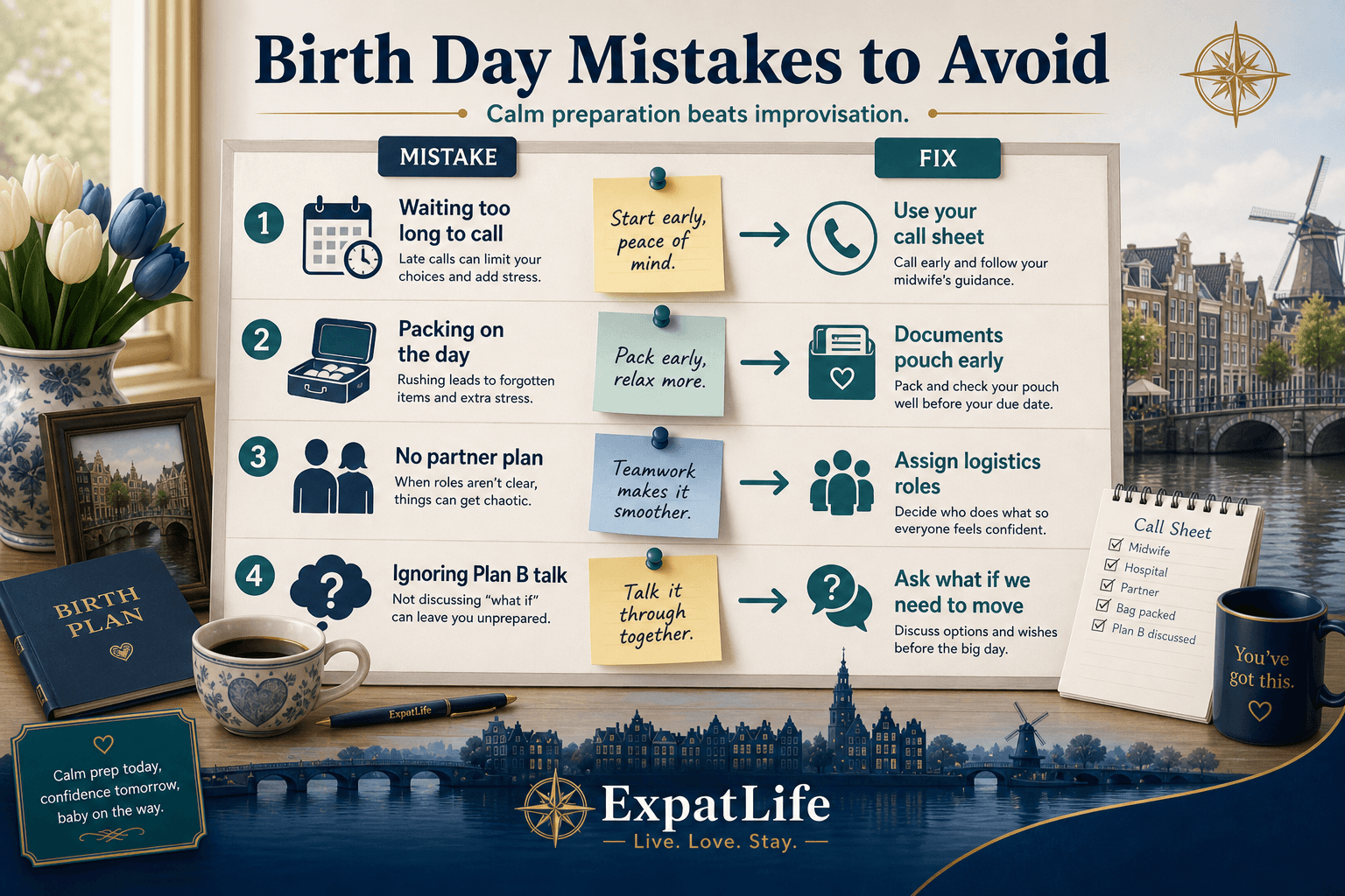 Premium mistake board for birth day — waiting too long to call, unfinished packing, no partner logistics plan, assuming hospital is automatic, ignoring transfer talk — checklist with Fix notes.