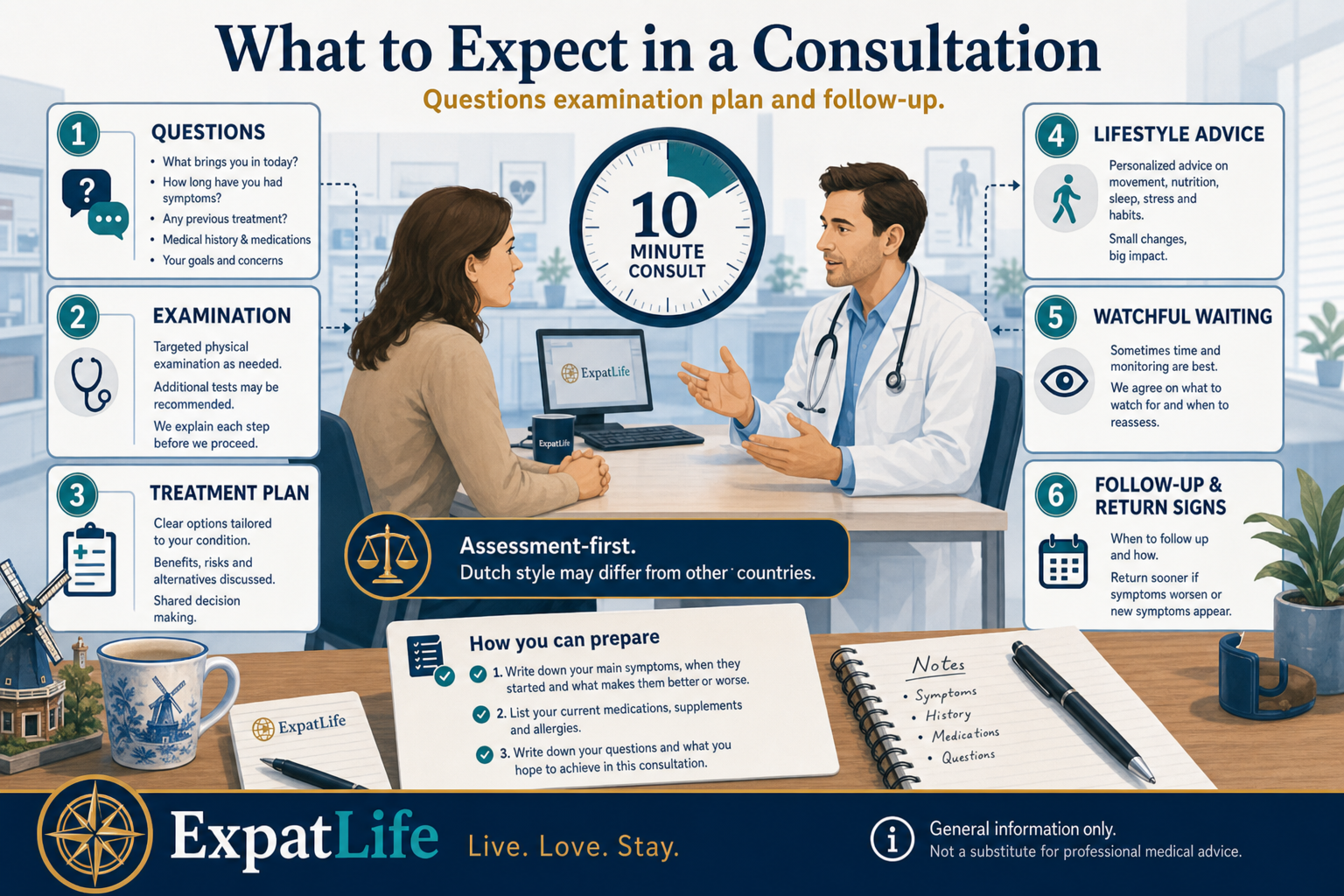 Premium consultation scene — a ten-minute consult clock, prepared three-sentence summary, return-if-worse instructions on a notepad, and a dual card showing what to expect from assessment-first Dutch practice style.