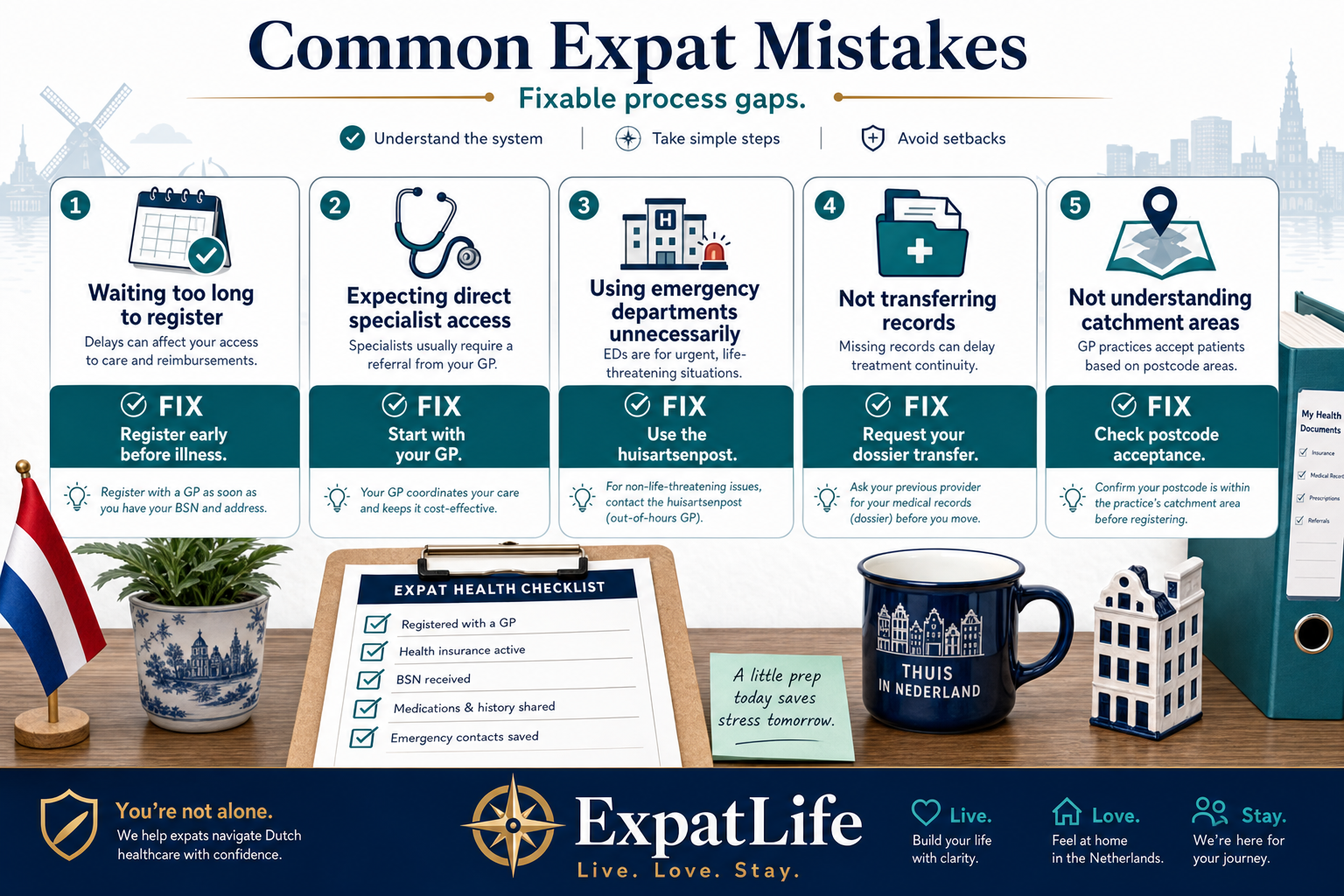 Premium mistake board with Fix advice cards — waiting until illness to register, walking into A&E without triage, expecting direct specialist booking, arriving unprepared for a ten-minute slot, and assuming English without asking.