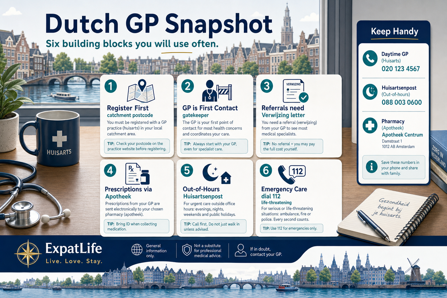 Premium six-card snapshot of the Dutch GP system — first contact and gatekeeper role, catchment registration, short triaged appointments, referral letters for specialists, prescriptions via the apotheek, and out-of-hours care via the huisartsenpost.