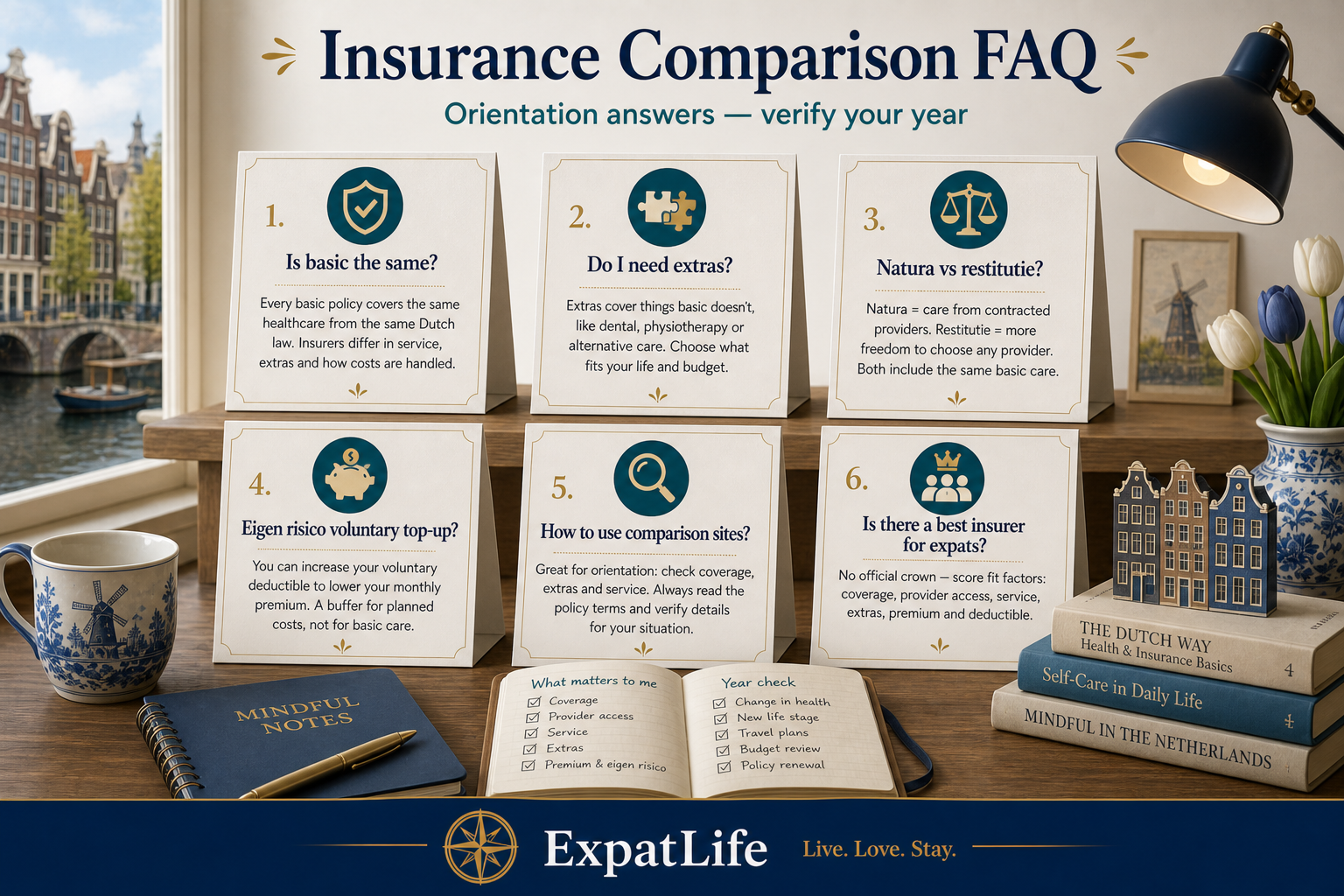 Premium FAQ desk with six open cards — is basic the same, do I need extras, natura vs restitutie, eigen risico voluntary top-up, English support, and how to use Independer without crowning a winner.