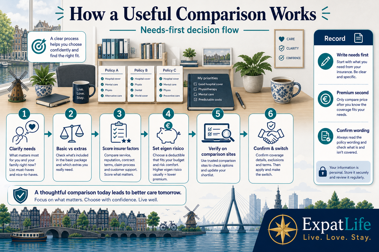 Premium comparison decision flow — clarify needs, separate basic from supplementary, score insurer factors, set eigen risico, verify on comparison sites, then confirm before the switch deadline — calm Dutch desk with policy cards and a record rail.