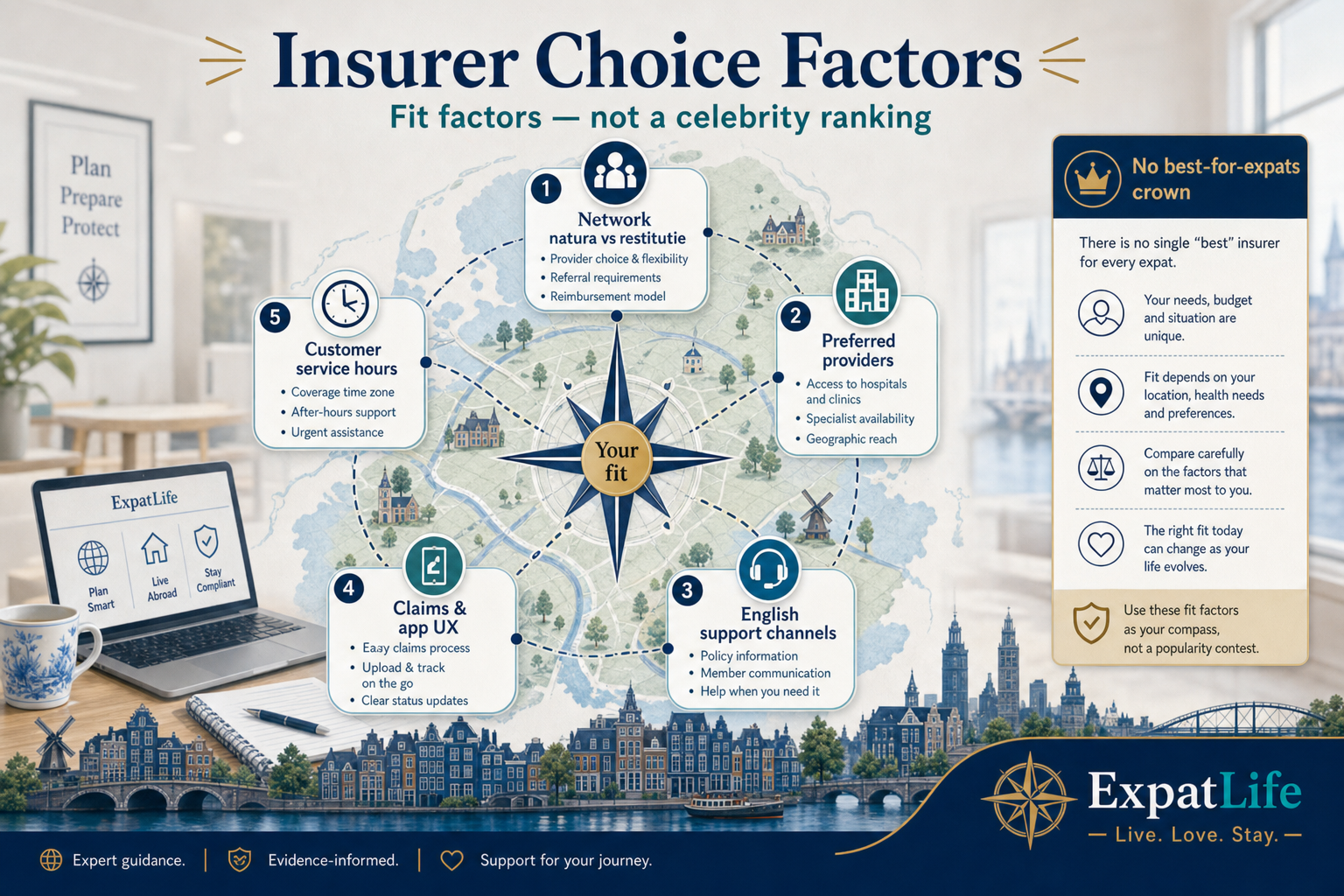 Premium insurer-choice factor map — contracted network and natura vs restitutie, English support channels, claims and app experience, customer service hours, and hospital or specialist network notes — Dutch consultation desk scene.