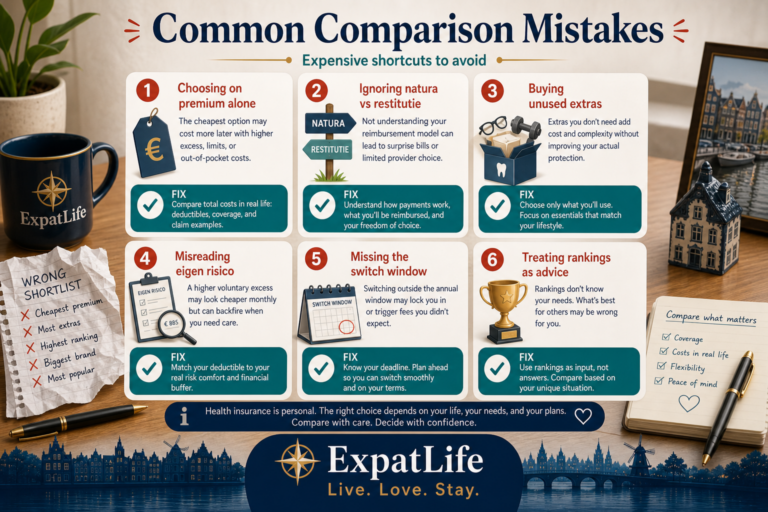 Premium mistake board — choosing on premium alone, ignoring network type, buying unused extras, misunderstanding eigen risico, missing the switch window, and treating comparison sites as award lists.